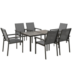 Seven-Piece Metal Dining Set, with Glass-Top Table - Grey