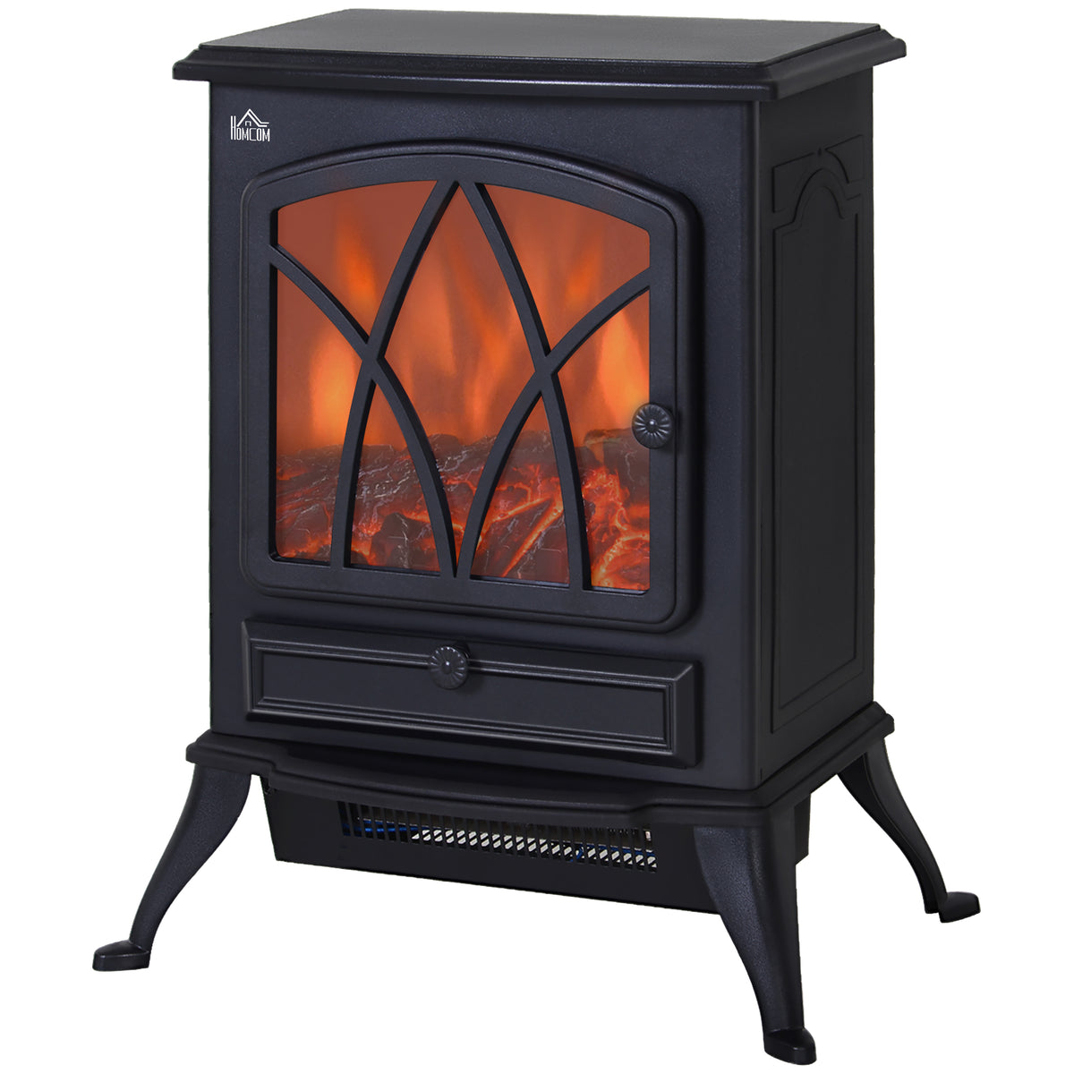 Fynco - Electric Stove Heater with Realistic Flame Effect, 2000W Portable Indoor Freestanding Electric Fireplace with Adjustable Thermostat, Black