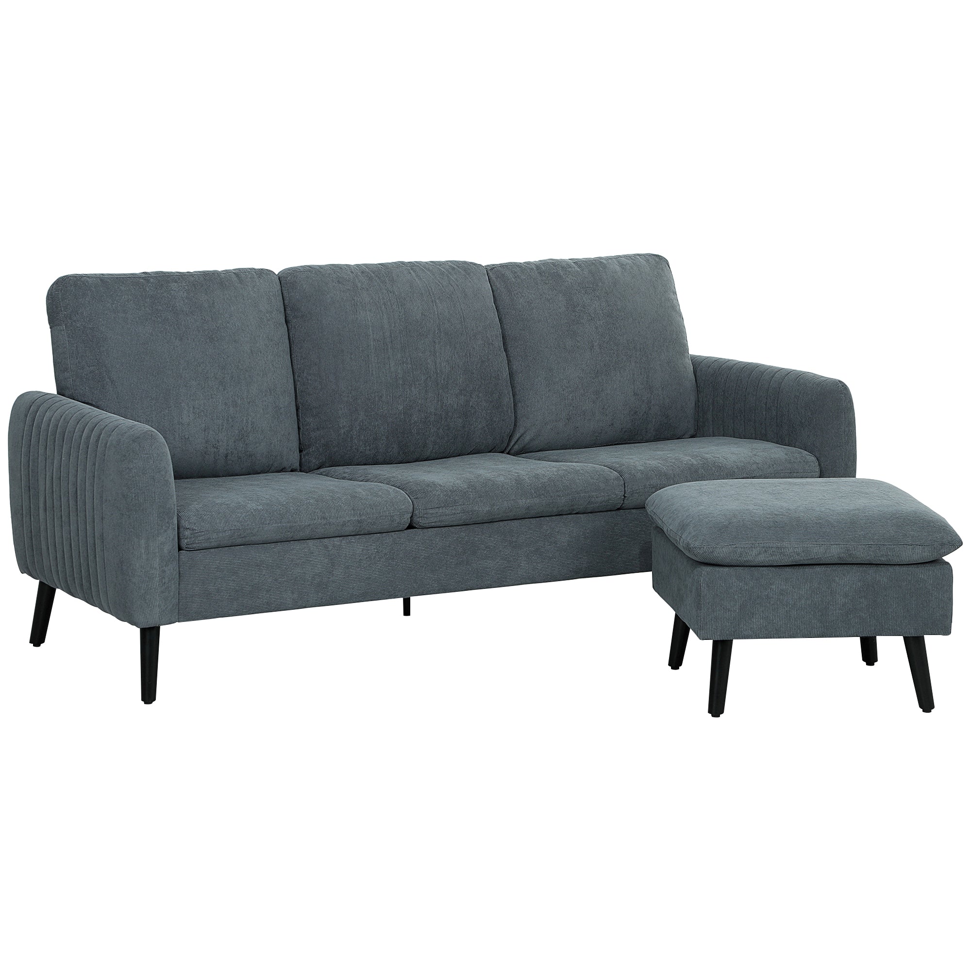 3 Seater Sofa with Ottoman, 196cm Corduroy L-shaped Sofa Couch with Scatter Back, Reversible Chaise Lounge for Living Room, Home Office, Small Spaces, Charcoal Grey