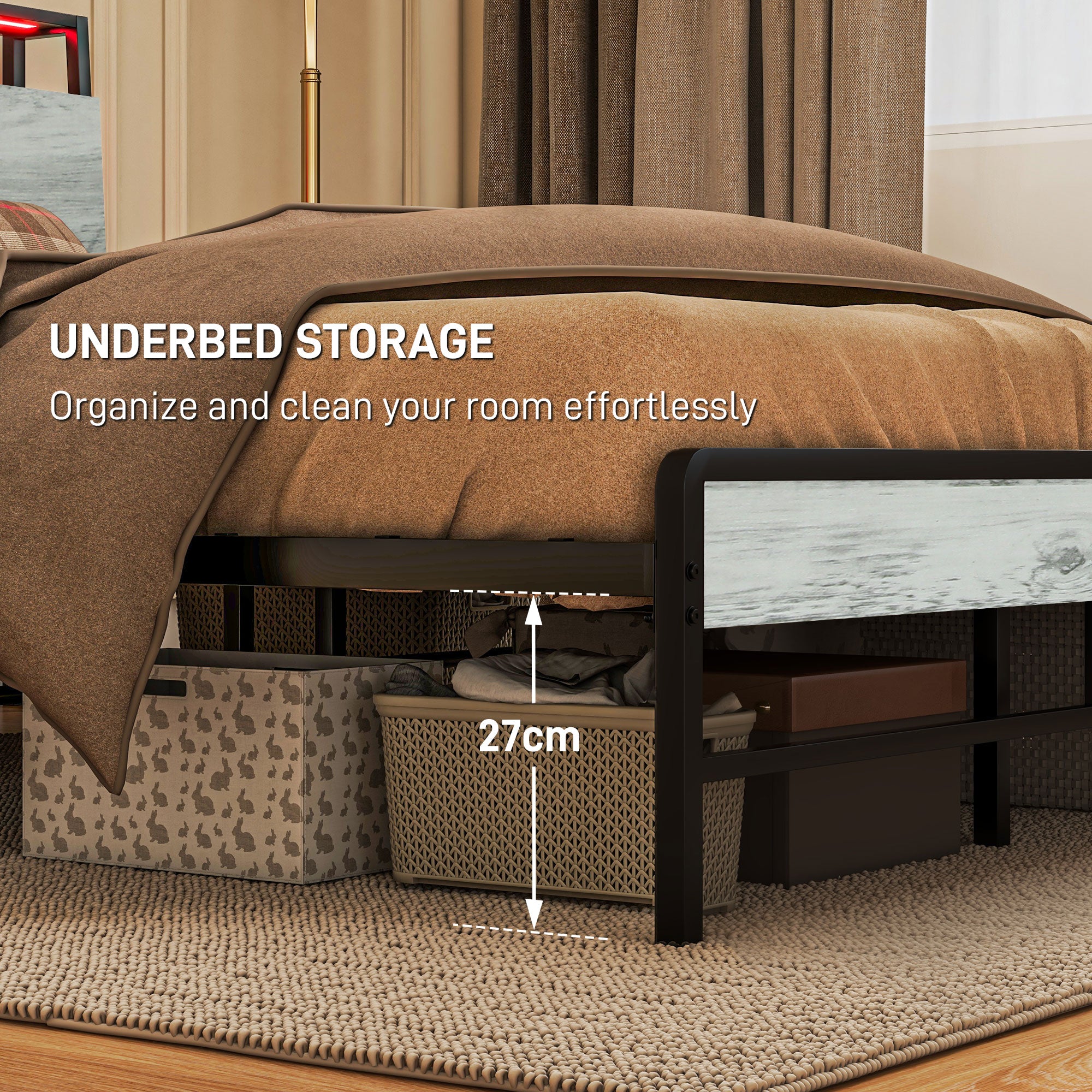 Double Steel Bed Frame, with LED Lights and Headboard Shelf - Grey