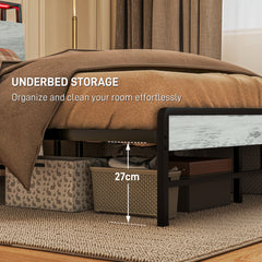 Double Steel Bed Frame, with LED Lights and Headboard Shelf - Grey