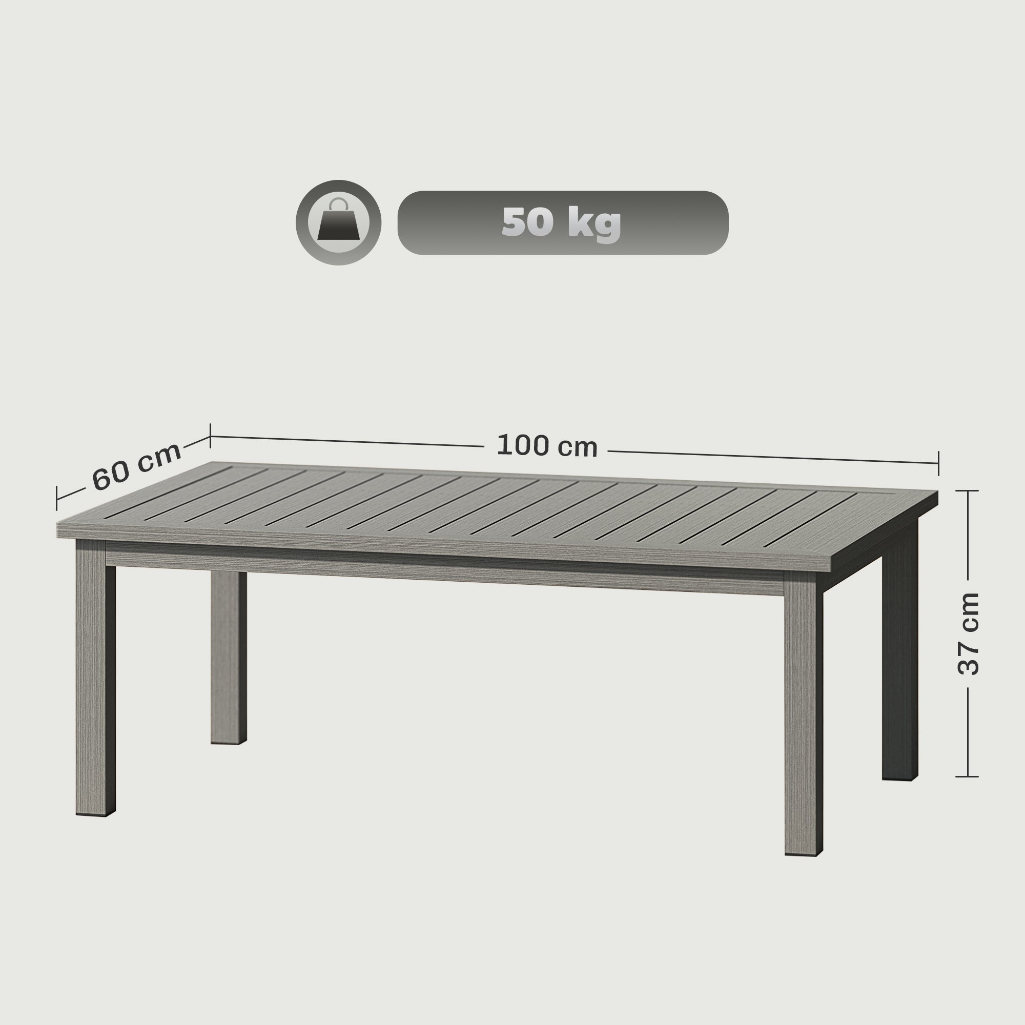 100cm x 60cm Aluminium Outdoor Coffee Table - Grey