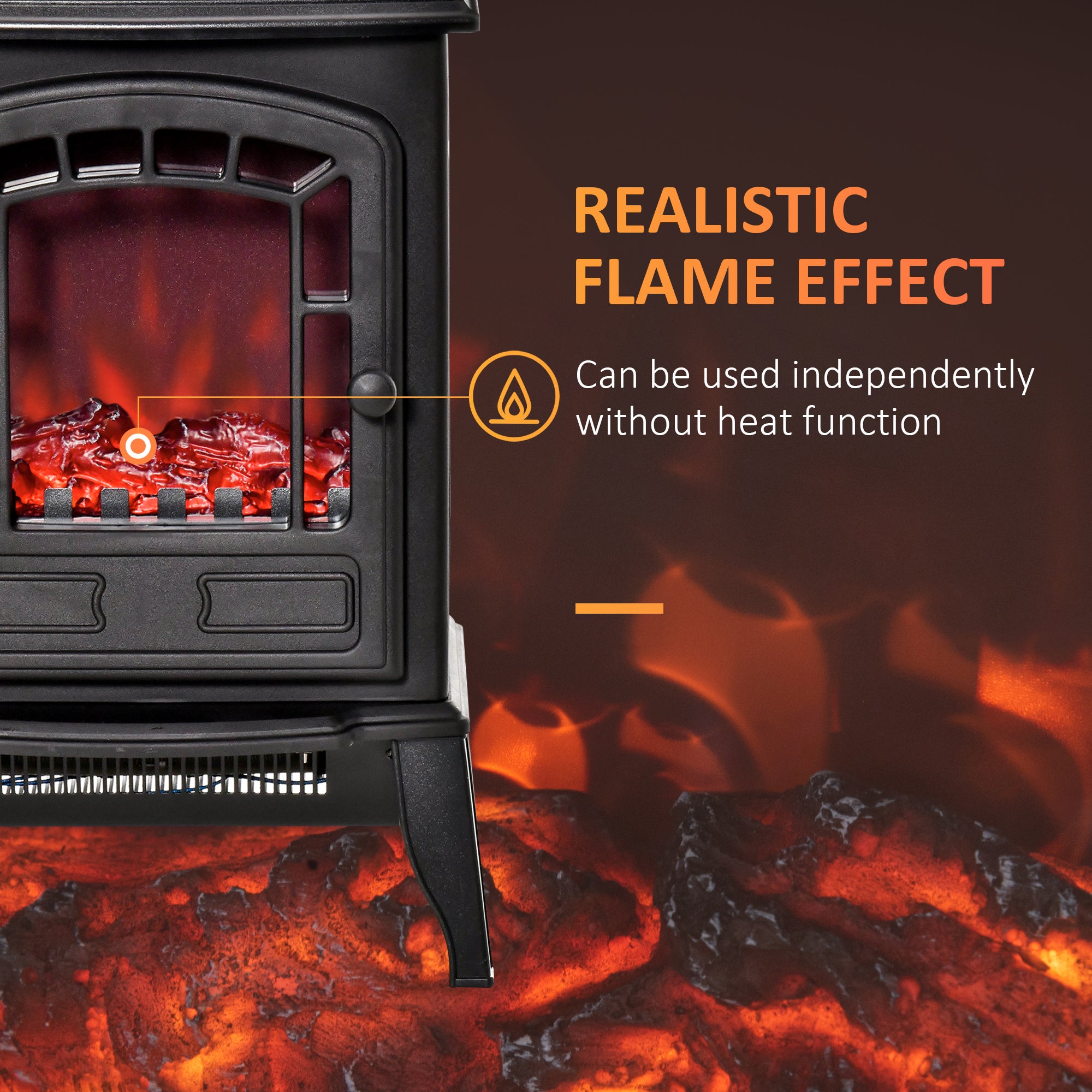 Fynco - Free standing Electric Fireplace Stove, Fireplace Heater with Realistic Flame Effect, Overheat Safety Protection, 1000W/2000W, Black