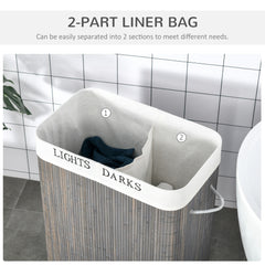 100L Laundry Basket with Lid String Handles, 2 Section Collapsible Hamper Removable Lining Foldable Water-Resistant Dirty Clothes Storage, Grey