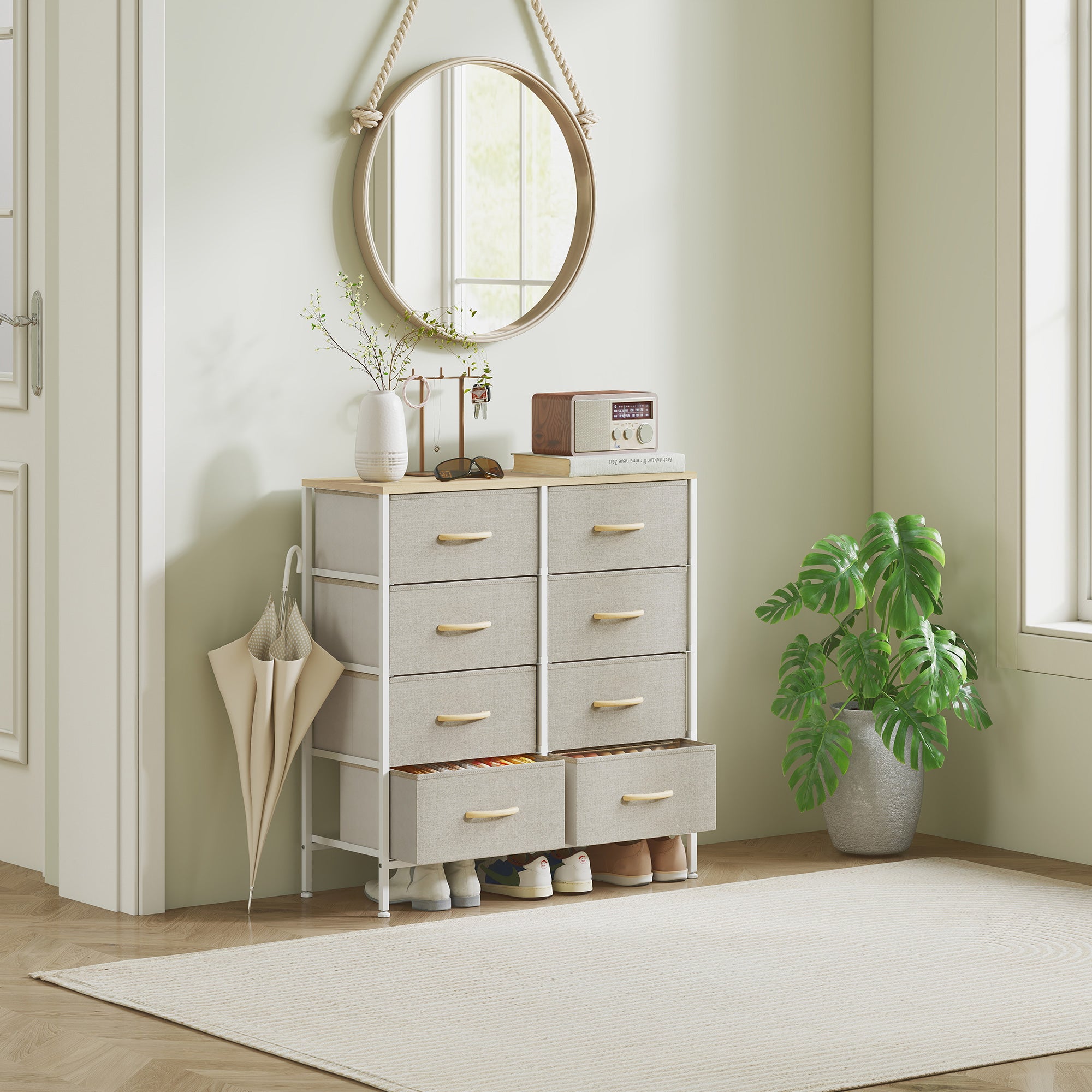 Fabric Chest of Drawers, Industrial Bedroom Dresser with 8 Fabric Drawers, Steel Frame and Wooden Top for Nursery, Living Room, Hallway, Maple Wood-effect