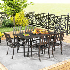 7 Pieces Garden Table and Chairs 6 Seater Outdoor Table and Chairs with Umbrella Hole, for Poolside, Garden, Black