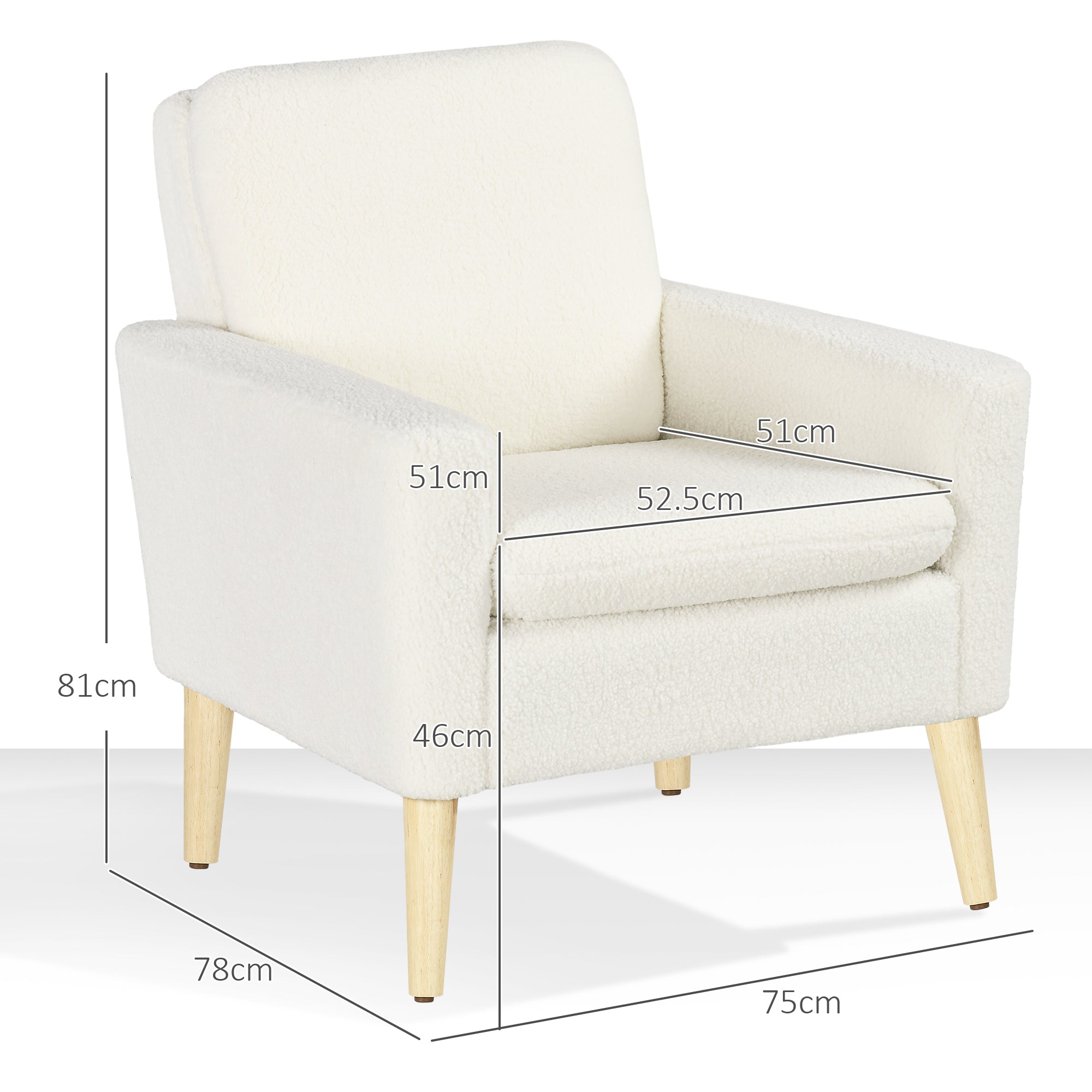 Armchair, Upholstered Accent Chair with Wood Legs and Wide Padded Seat, Teddy Occasional Chair, Cream White