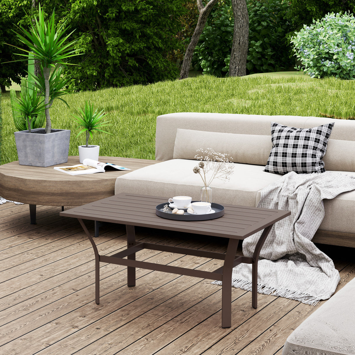 Metal Garden Coffee Table, Rectangular Outdoor Side Table with Slatted Tabletop, Foot Pads for Outside, Garden, Balcony, Porch, 91.5 x 55 x 45cm, Brown