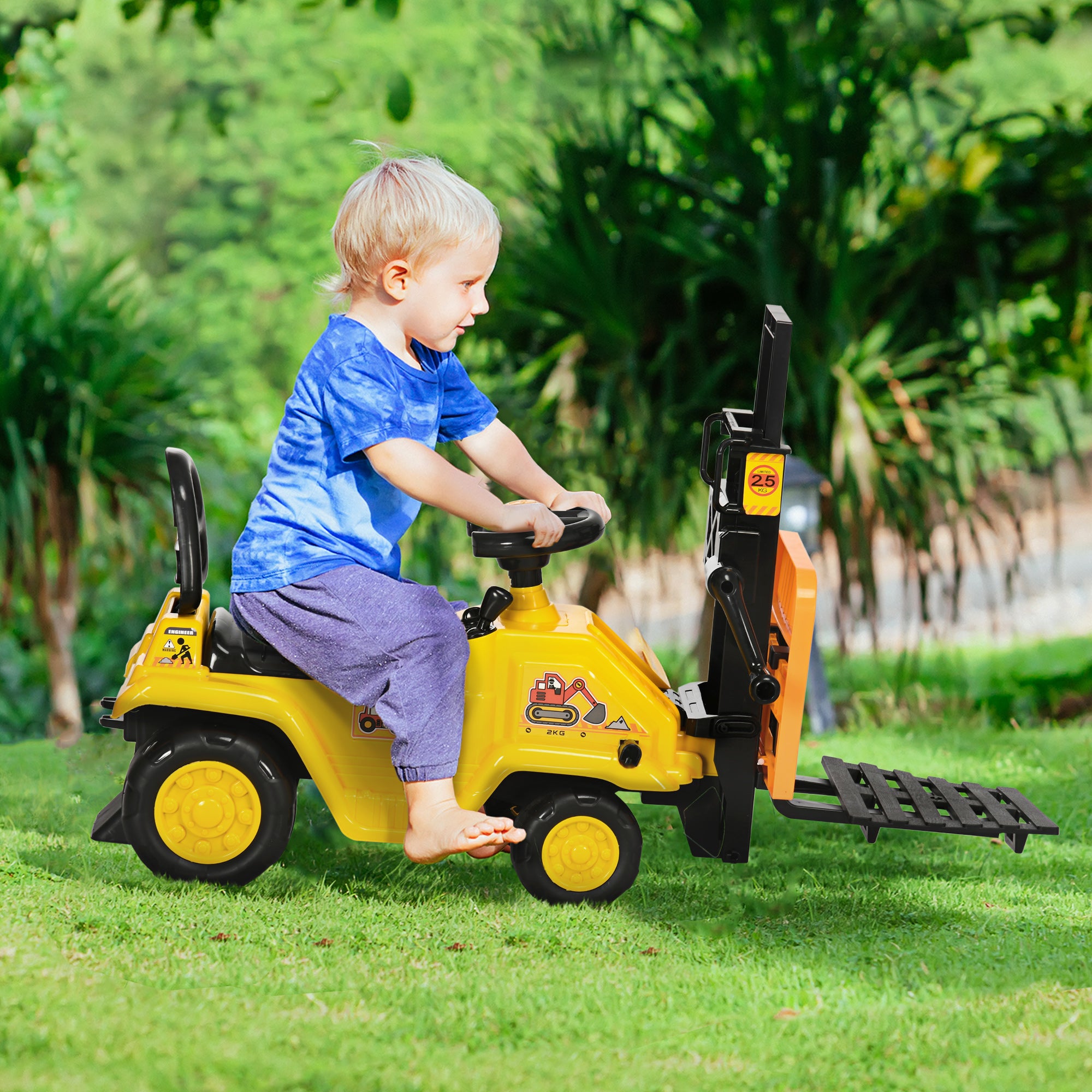Kids Ride-On Construction Car, with Fork, Tray, Sounds - Yellow