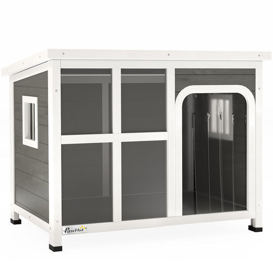 Wooden Outdoor Dog House with Asphalt Openable Top, Removable Floor, Clear Front Panel, Curtain, Light Grey