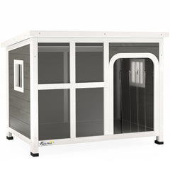 Wooden Outdoor Dog House with Asphalt Openable Top, Removable Floor, Clear Front Panel, Curtain, Light Grey