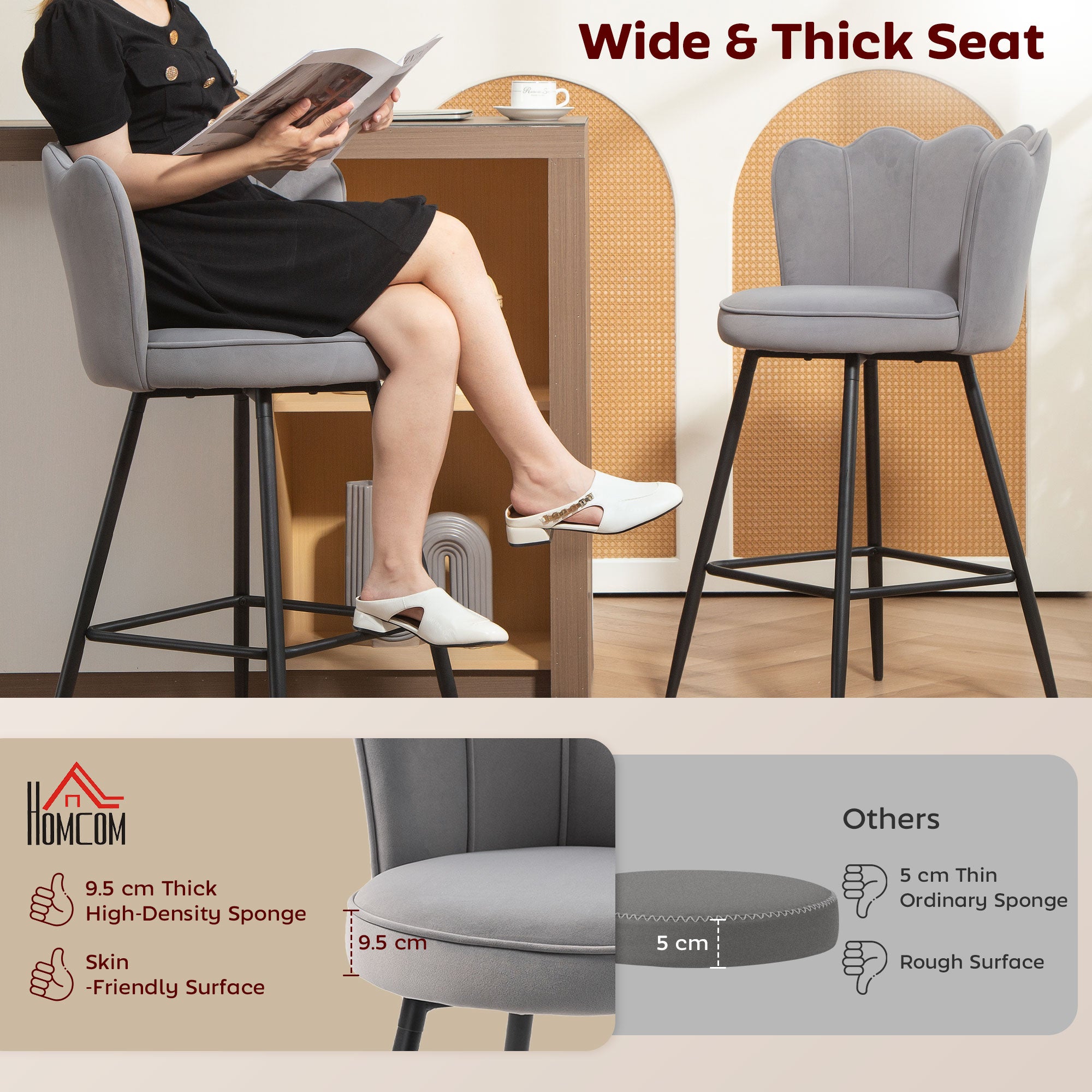 Fynco - Set of Two Velvet-Feel Lotus Bar Stools - Grey