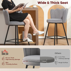 Fynco - Set of Two Velvet-Feel Lotus Bar Stools - Grey