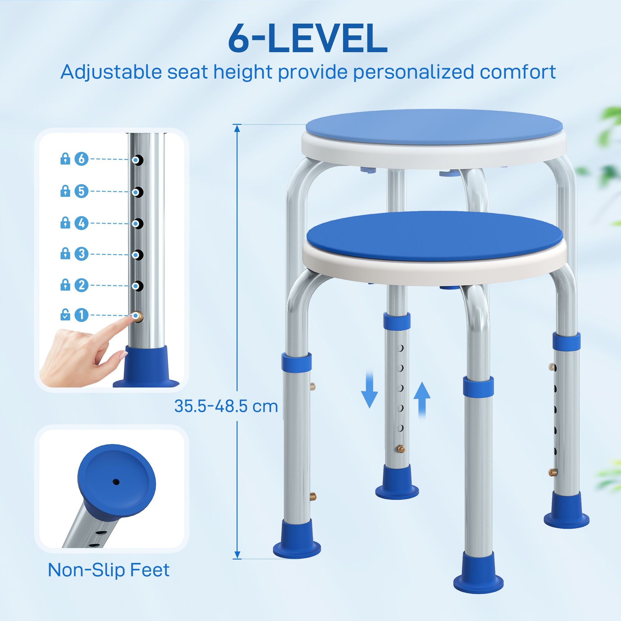 Fynco - 360° Swivel Shower Chair, Height Adjustable Aluminium Shower Stool with Non-Slip Feet for Disabled, Elderly, Blue