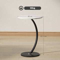 C Shaped Side Table, Round Bedside Table with Marble Effect Top, Modern Coffee Table Sofa End Table with Metal Frame for Living Room Bedroom Office, White