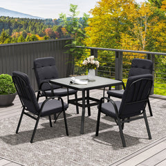 5 Pieces Outdoor Square Garden Dining Set w/ Tempered Glass Dining Table 4 Cushioned Armchairs, Umbrella Hole, Black