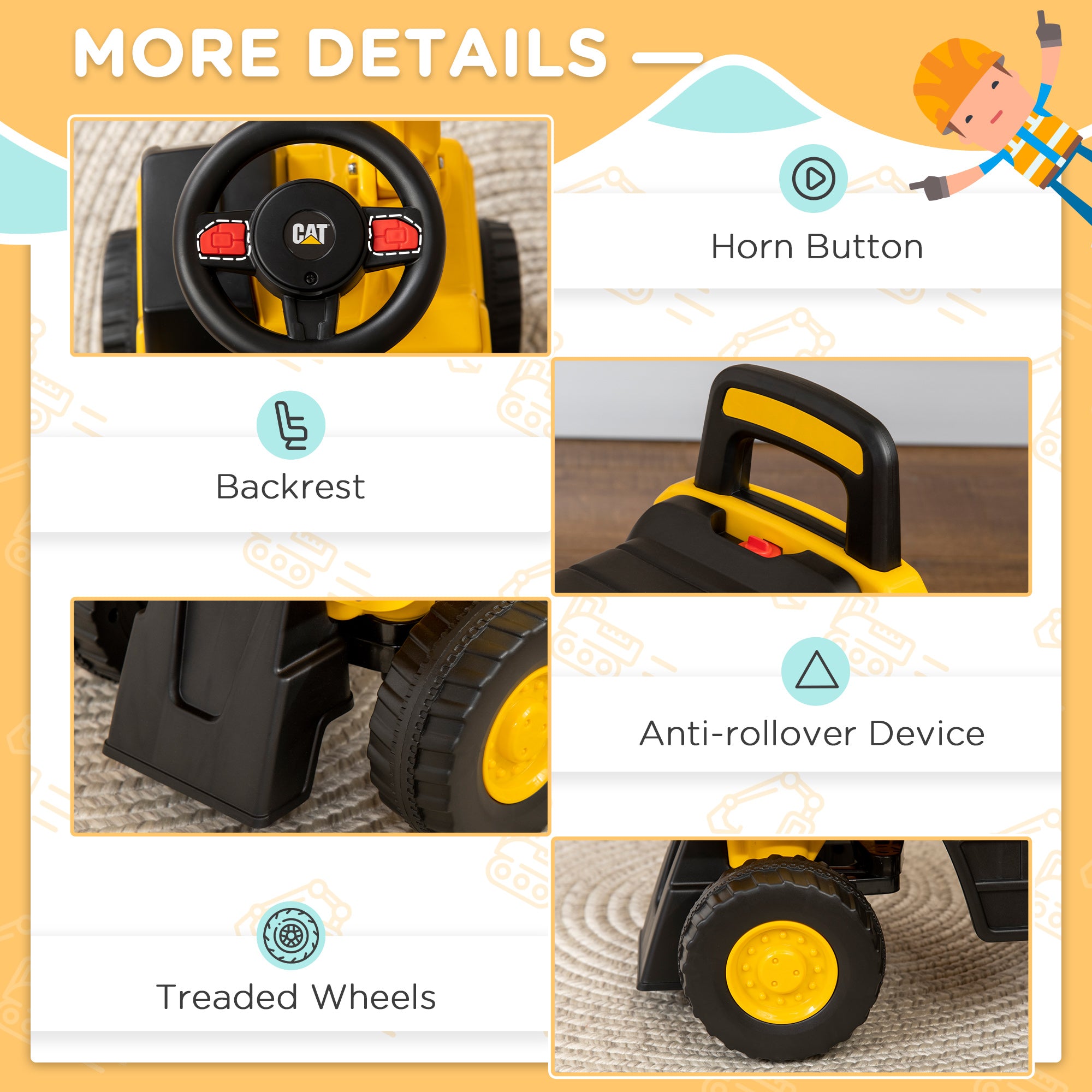 CAT Licensed Kids Ride on Digger Toddler Pretend Construction Play Toy Foot-To-Floor Ride-On Toy w/ Manual Shovel, Horn, Hidden Storage, for Ages 1-3 Years