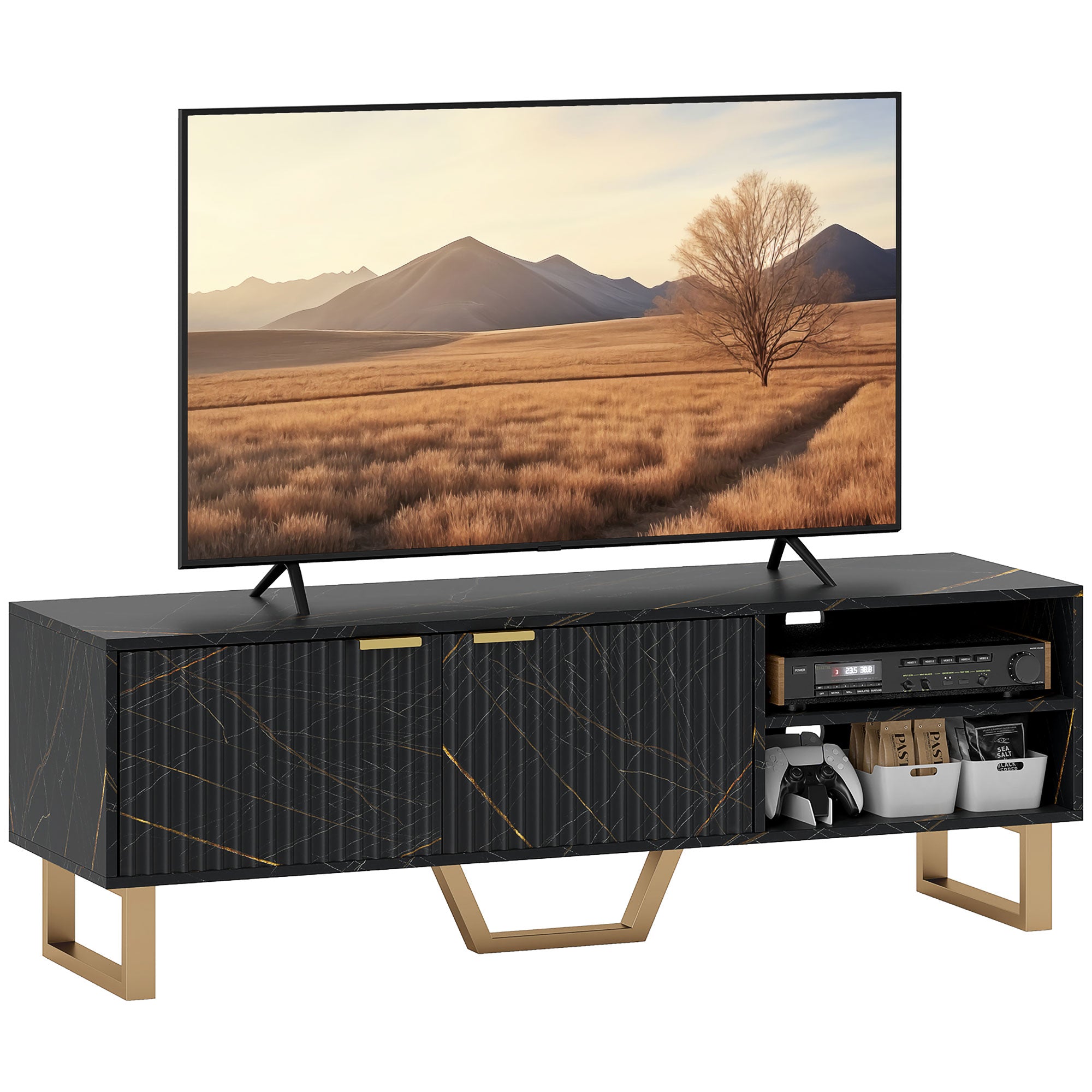 Marble Effect TV Unit, TV Stand Cabinet for up to 70" TVs, Modern TV Cabinet with Shelves and Storage Cupboard, Fluted Door, Extra Centre Leg, Cable Management for Living Room, Black