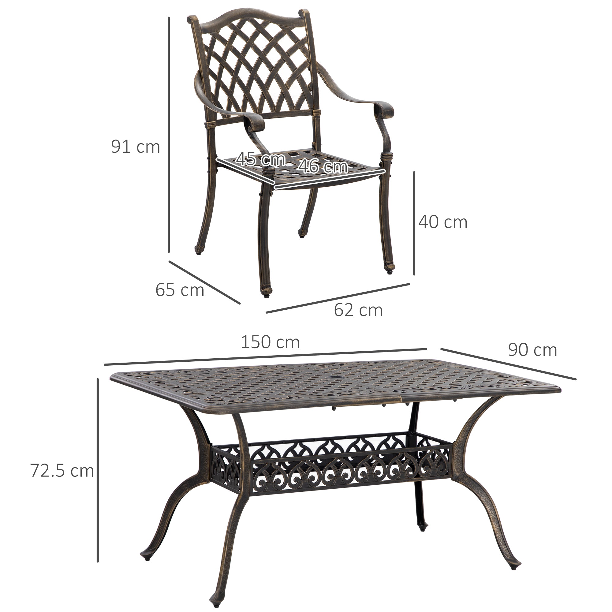 7 PCs Garden Patio Dining Set with Parasol Hole, Cast Aluminium Outdoor Furniture Set with Six Cushioned Chairs and Rectangle Dining Table, for Garden, Lawn, Deck, Bronze Tone