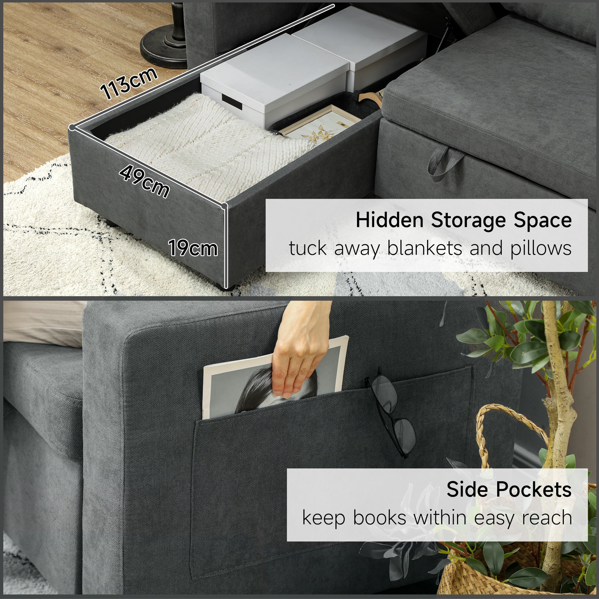 L Sofa Bed, with Storage - Charcoal Grey