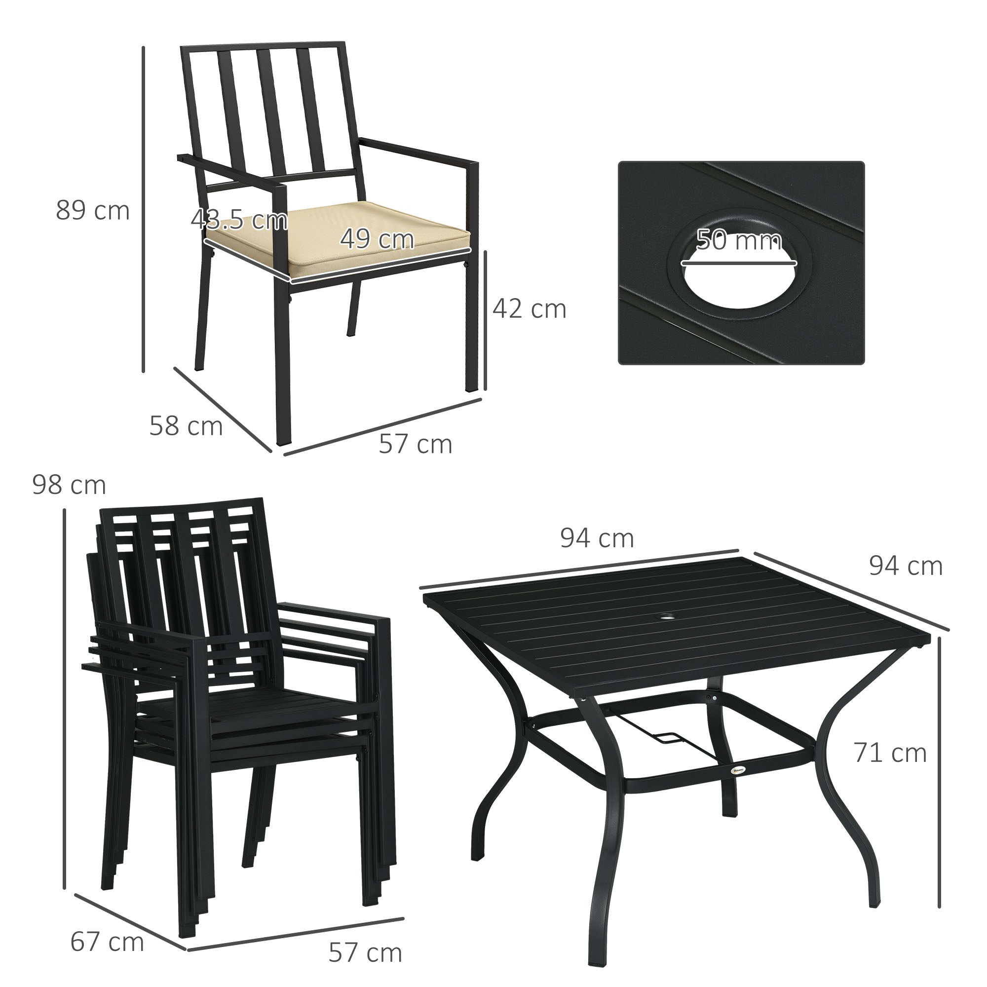 5 Pieces Garden Dining Set with Cushions, Outdoor Patio Table and 4 Stackable Chairs, Metal Top Table with Umbrella Hole, Black