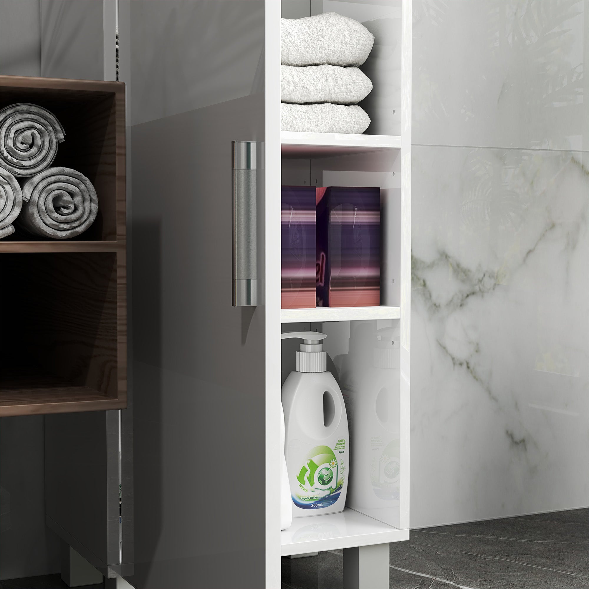 Fynco - Tall Bathroom Cabinet, Freestanding Bathroom Cabinet with Adjustable Shelves and Double Doors