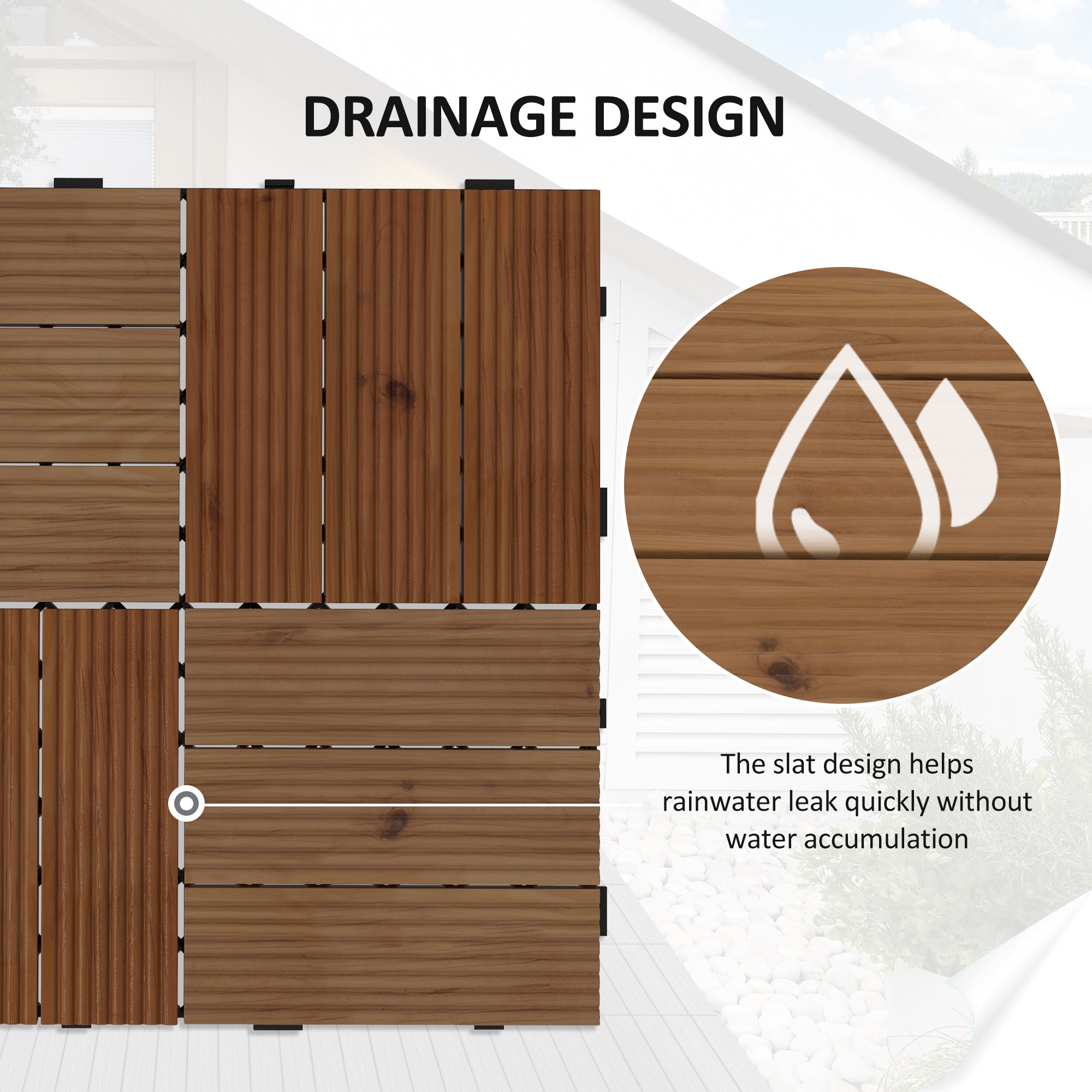 27 Pcs Wooden Interlocking Decking Tiles, 30 x 30 cm Anti-slip Outdoor Flooring Tiles, 0.81㎡ per Pack, All Weather Use for Patio, Balcony, Terrace, Hot Tub, Brown