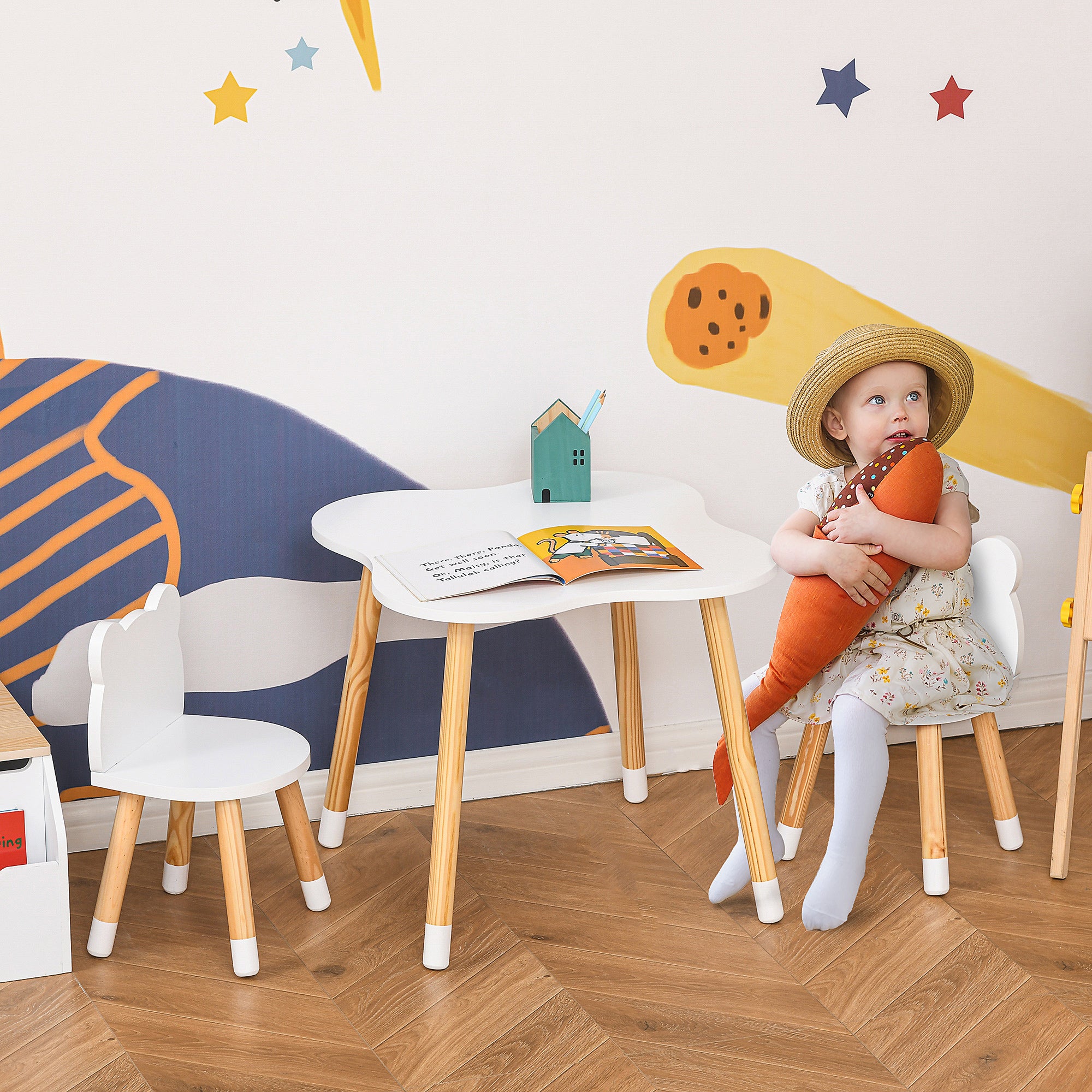 3-Piece Kids Table and Chair Set with 2 Bear-Shaped Chairs, for Ages 1-4 Years, White