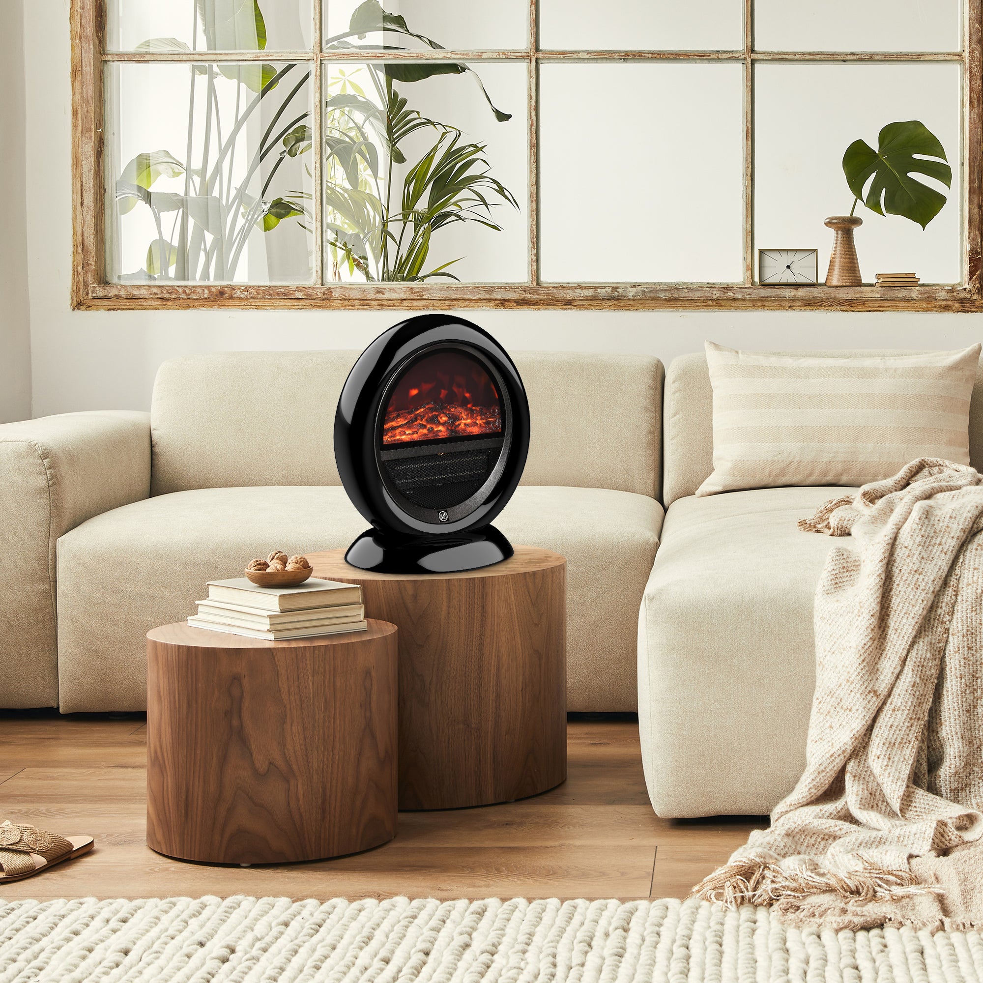 Fynco - Freestanding Electric Fireplace Indoor Space Table Top Heater with Realistic Flame Effect, Rotatable Head, Overheating Protection, 1500W, Black