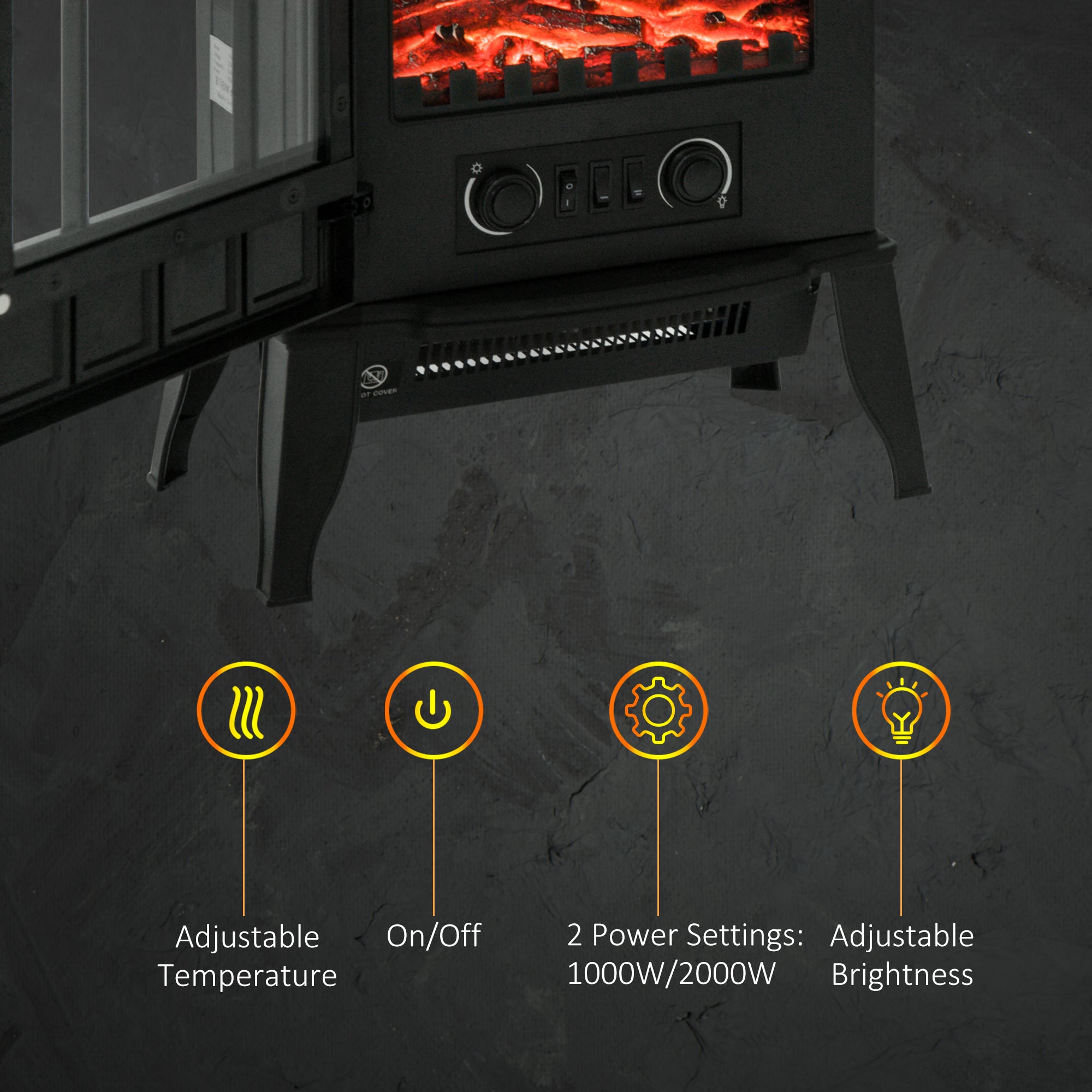 Fynco - Freestanding Electric Fireplace, Electric Stove Heater with LED Flame Effect, Overheating Safety System, 1000W/2000W Black