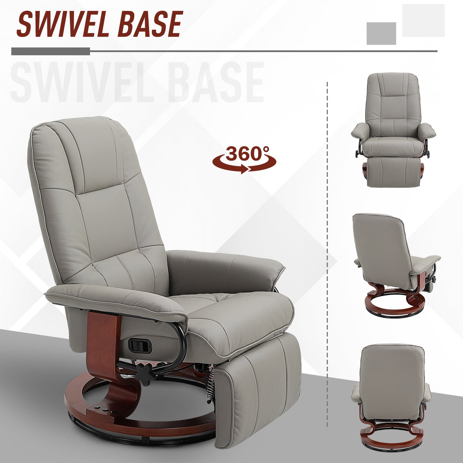 360° Swivel Recliner Chair with Footstool, Manual Recliner Armchair with Wooden Base, Faux Leather Upholstered Reclining Chair for Living Room, Bedroom, Office, Grey