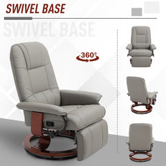 360° Swivel Recliner Chair with Footstool, Manual Recliner Armchair with Wooden Base, Faux Leather Upholstered Reclining Chair for Living Room, Bedroom, Office, Grey