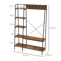 Clothes Rail, Metal Clothes Rack with Shoe Rack, 5 Tier Storage Shelves, 5 Side Hooks, Coat Stand for Bedroom, Living Room, Hallway, Rustic Brown and Black
