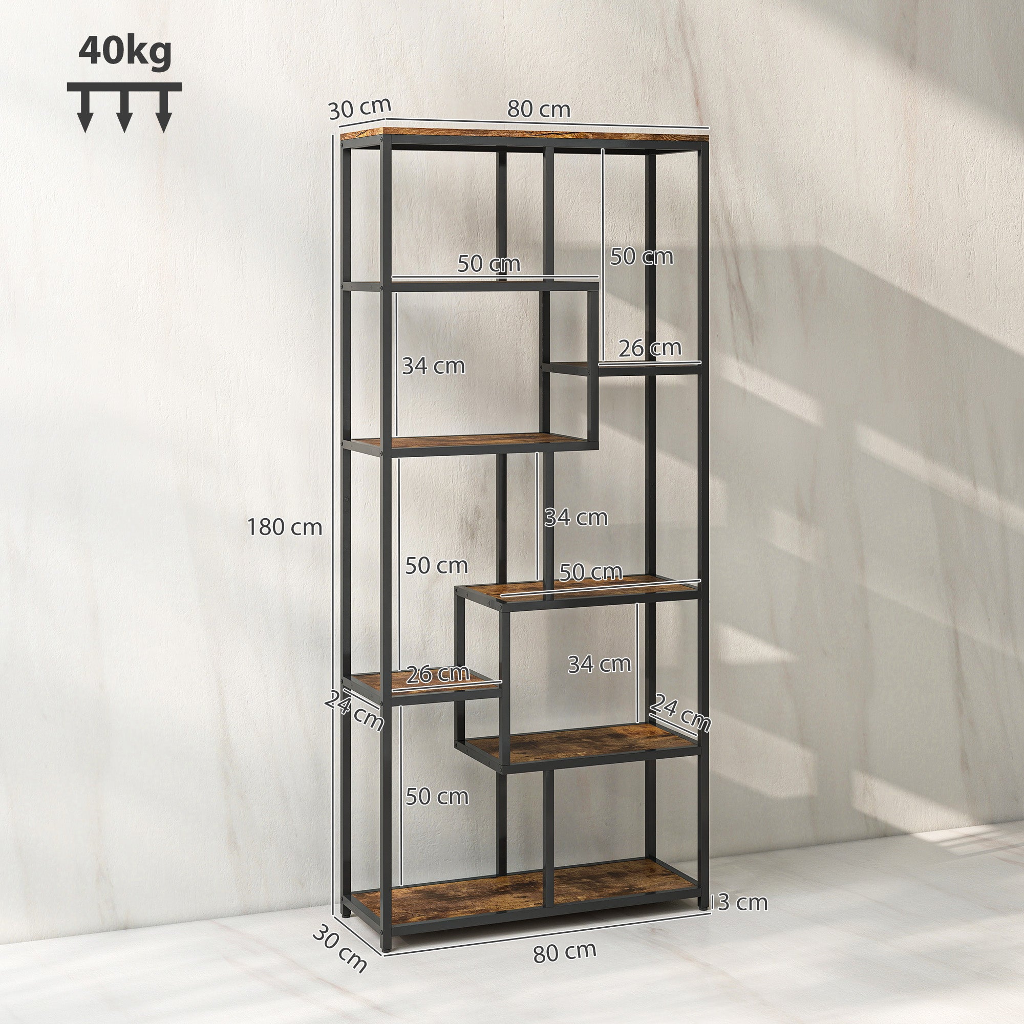 Fynco - Seven-Tier Geometric Bookcase - Brown/Black