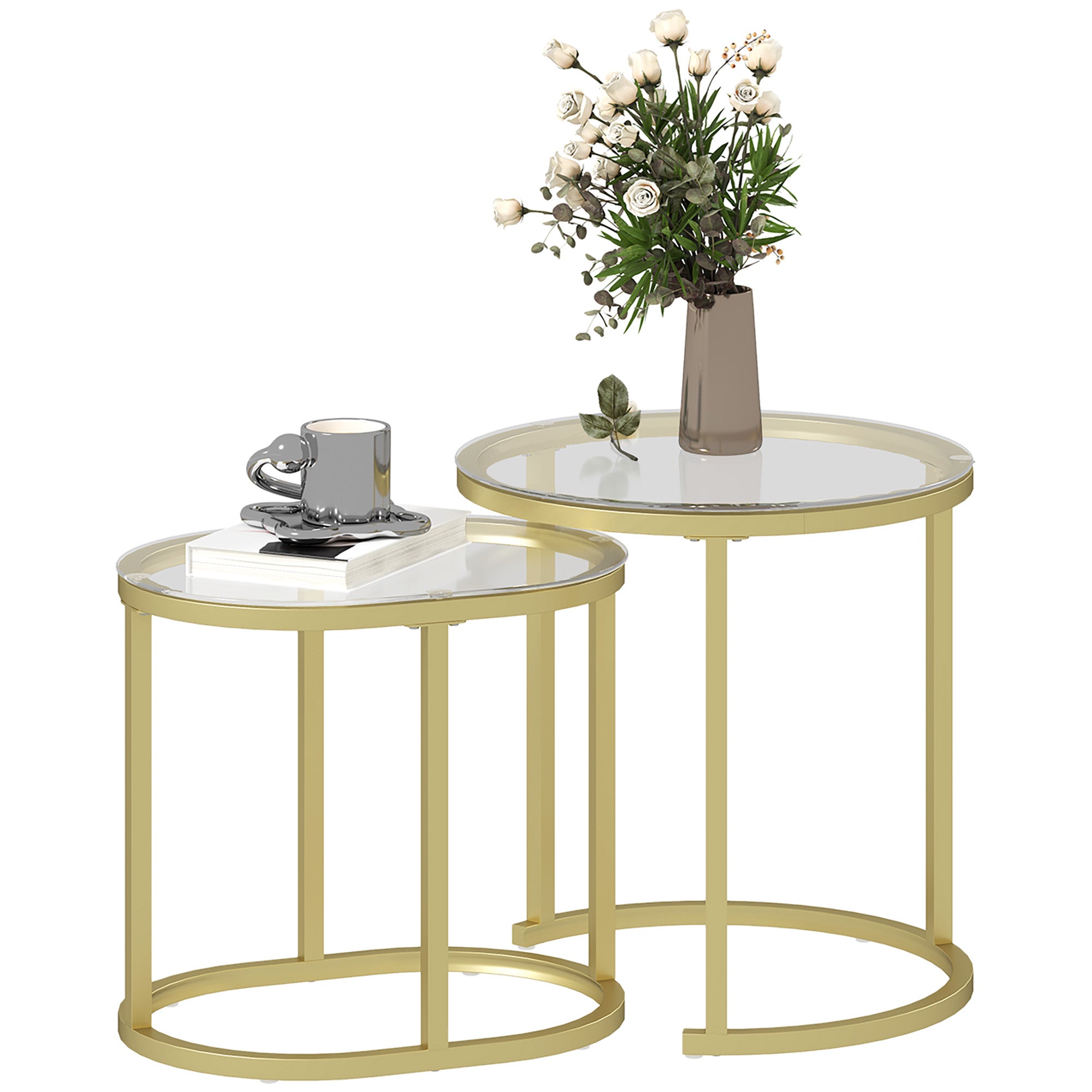 Modern Coffee Table Set of 2, Nest of Tables with Steel Frame and Tempered Glass Tabletop, Side Tables for Living Room Bedroom, Clear