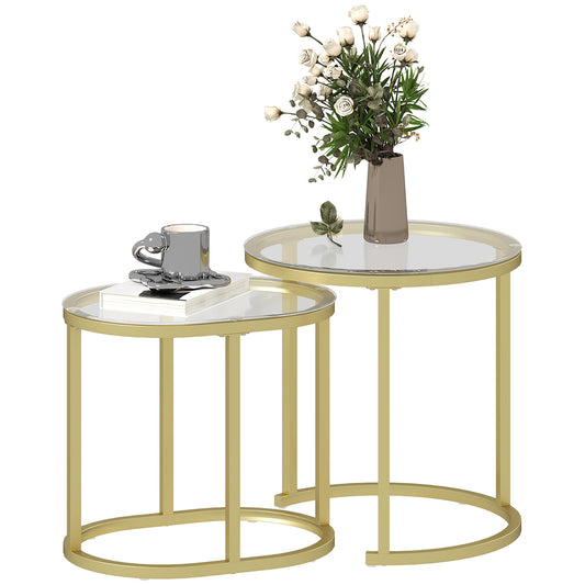 Modern Coffee Table Set of 2, Nest of Tables with Steel Frame and Tempered Glass Tabletop, Side Tables for Living Room Bedroom, Clear