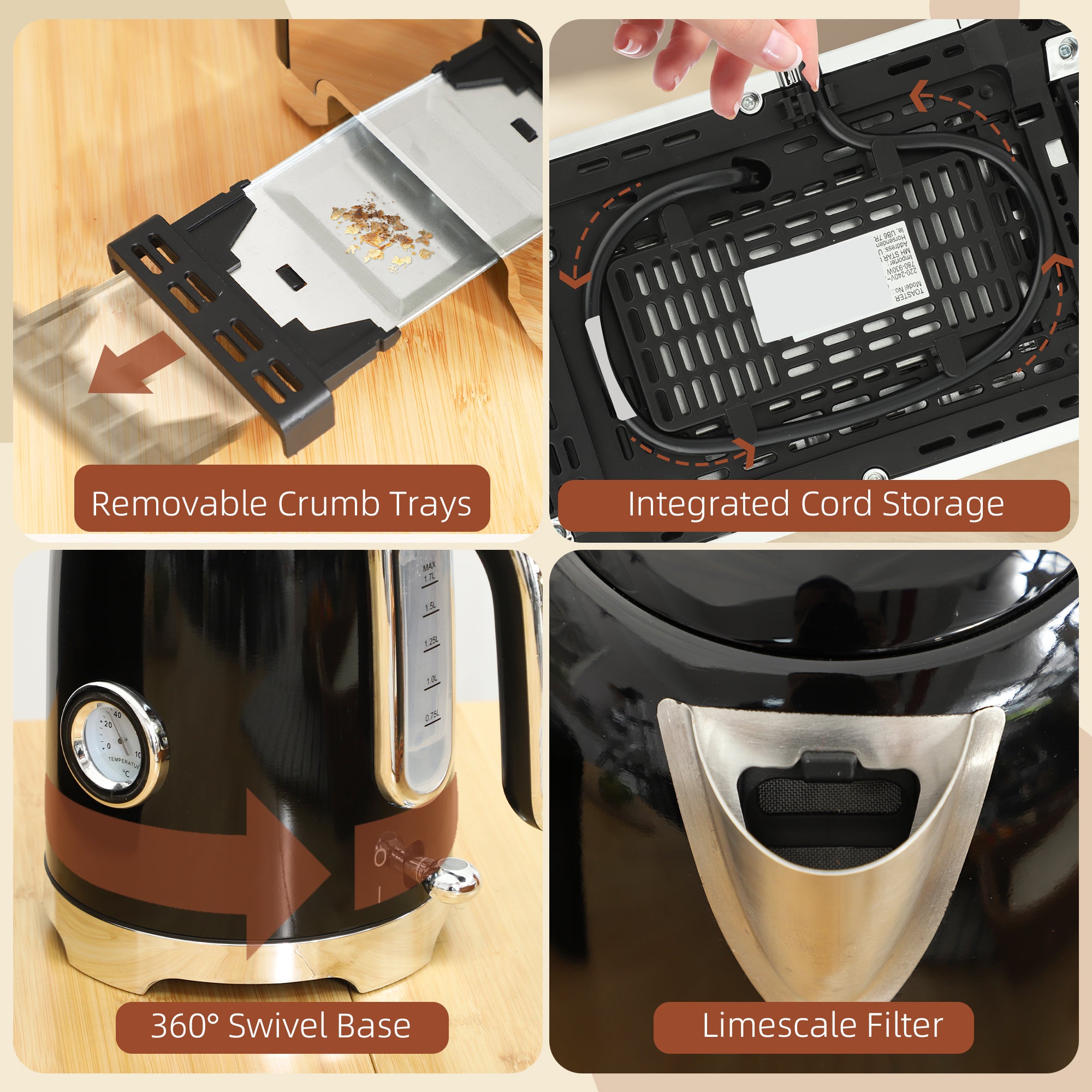 Fynco - Retro Toaster and Kettle Set - Black