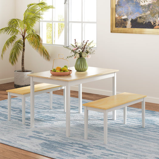 Dining Table and Bench Set, Farmhouse Kitchen Table and Bench with Wooden Frame for Living Room, Dining Room, Natural and White