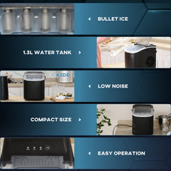 Fynco - Ice Maker Machine Counter Top, 12Kg in 24 Hrs, 9 Cubes Ready in 6-12Mins, Portable Ice Cube Maker with Ice Scoop and Basket, Black
