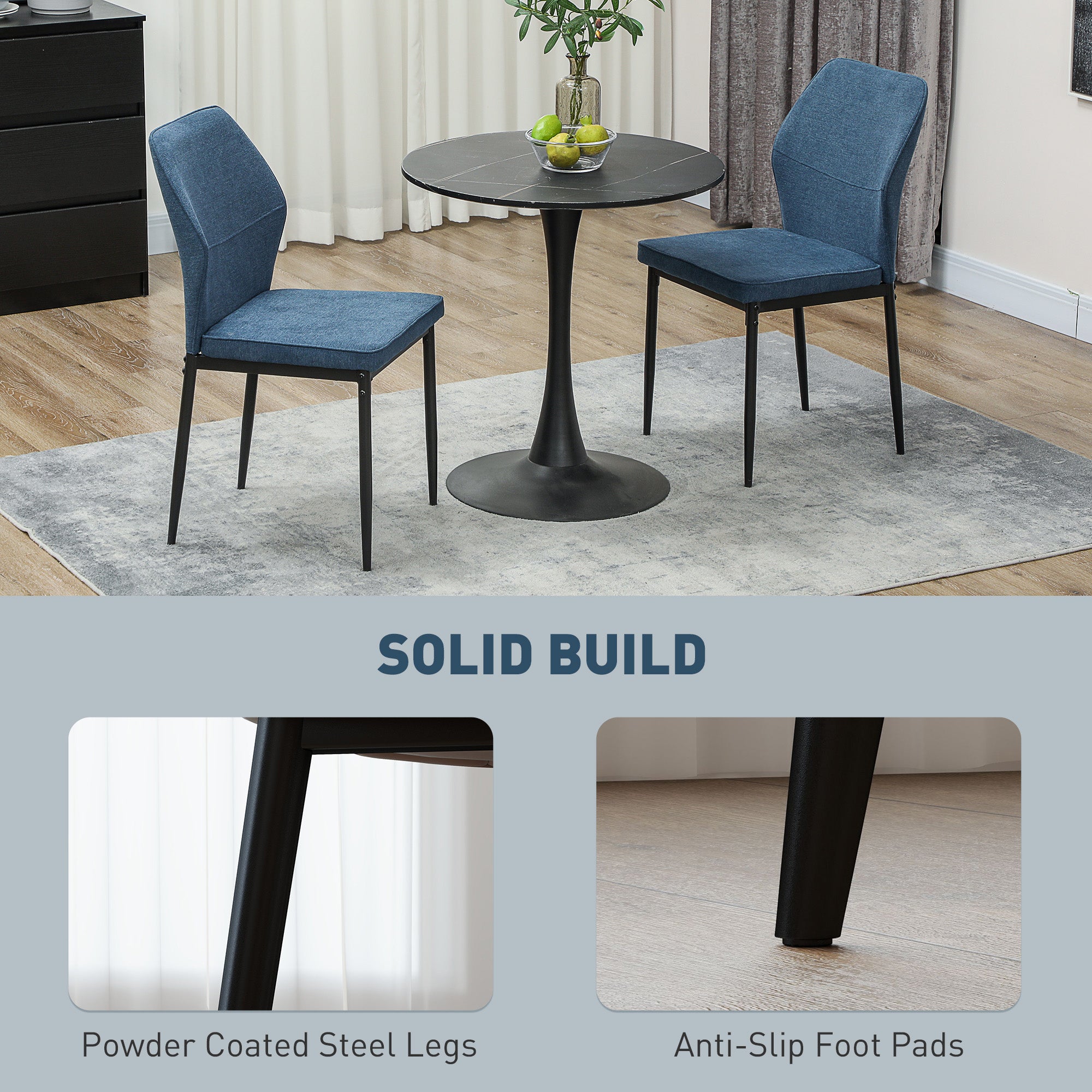 Velvet Dining Chairs Set of 2, Modern Armless Upholstered Kitchen Chairs with Metal Legs, Curved Back and Padded Seat, for Dining Room, Bedroom, Living Room, Blue