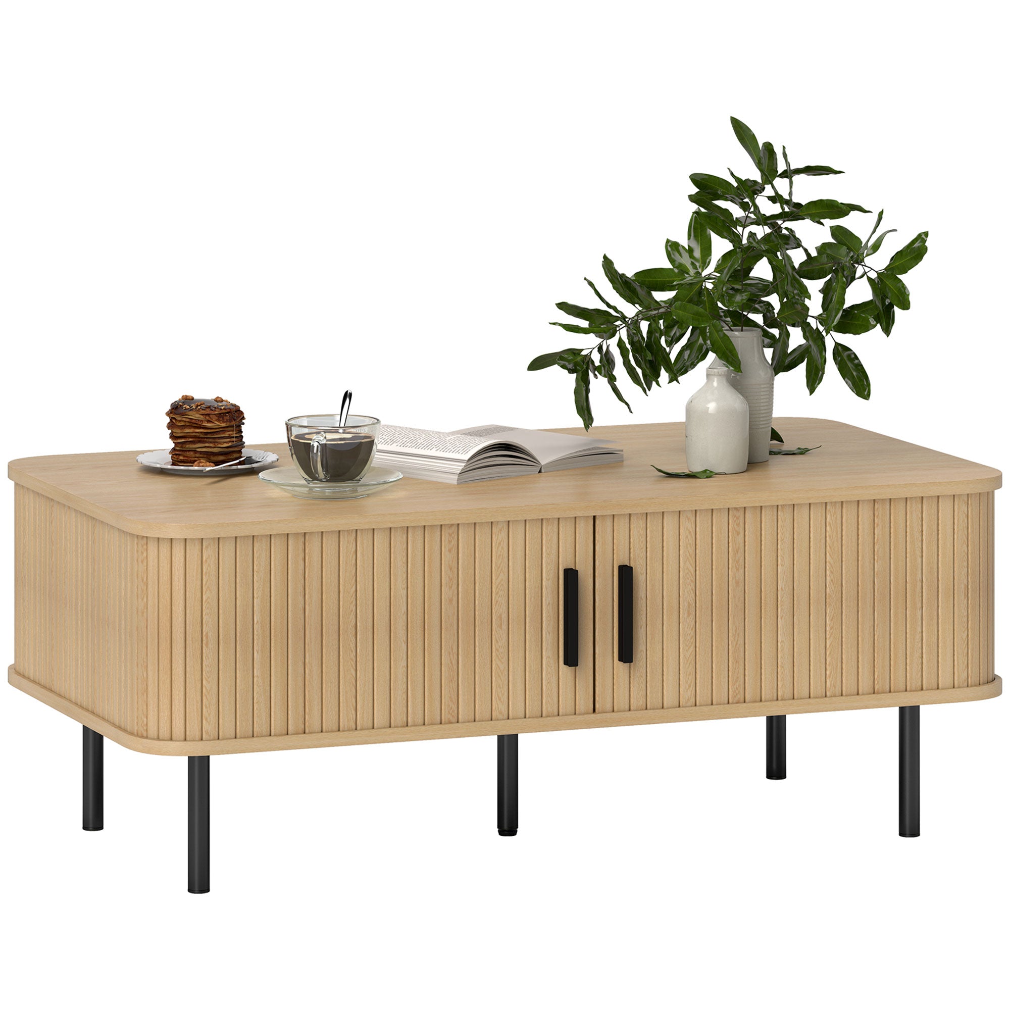 Coffee Table with Storage, Living Room Table with Slatted Tambour Sliding Doors and Foot Pads, Rectangular Coffee Table with Elevated Base for Living Room, Oak