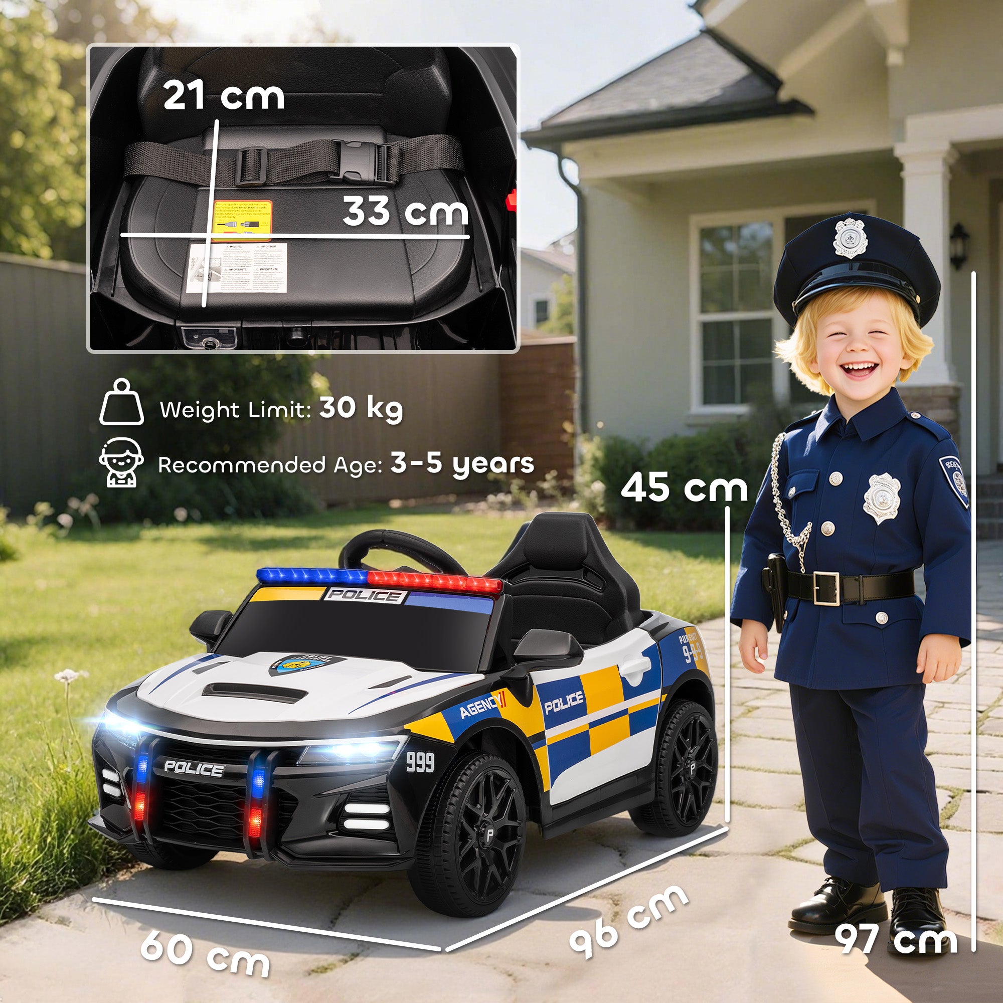AIYAPLAY Kids Electric Ride on Police Car with Remote Control, Music, Horn, Siren Flashing Lights for 3-5 Years Old, Multicolour