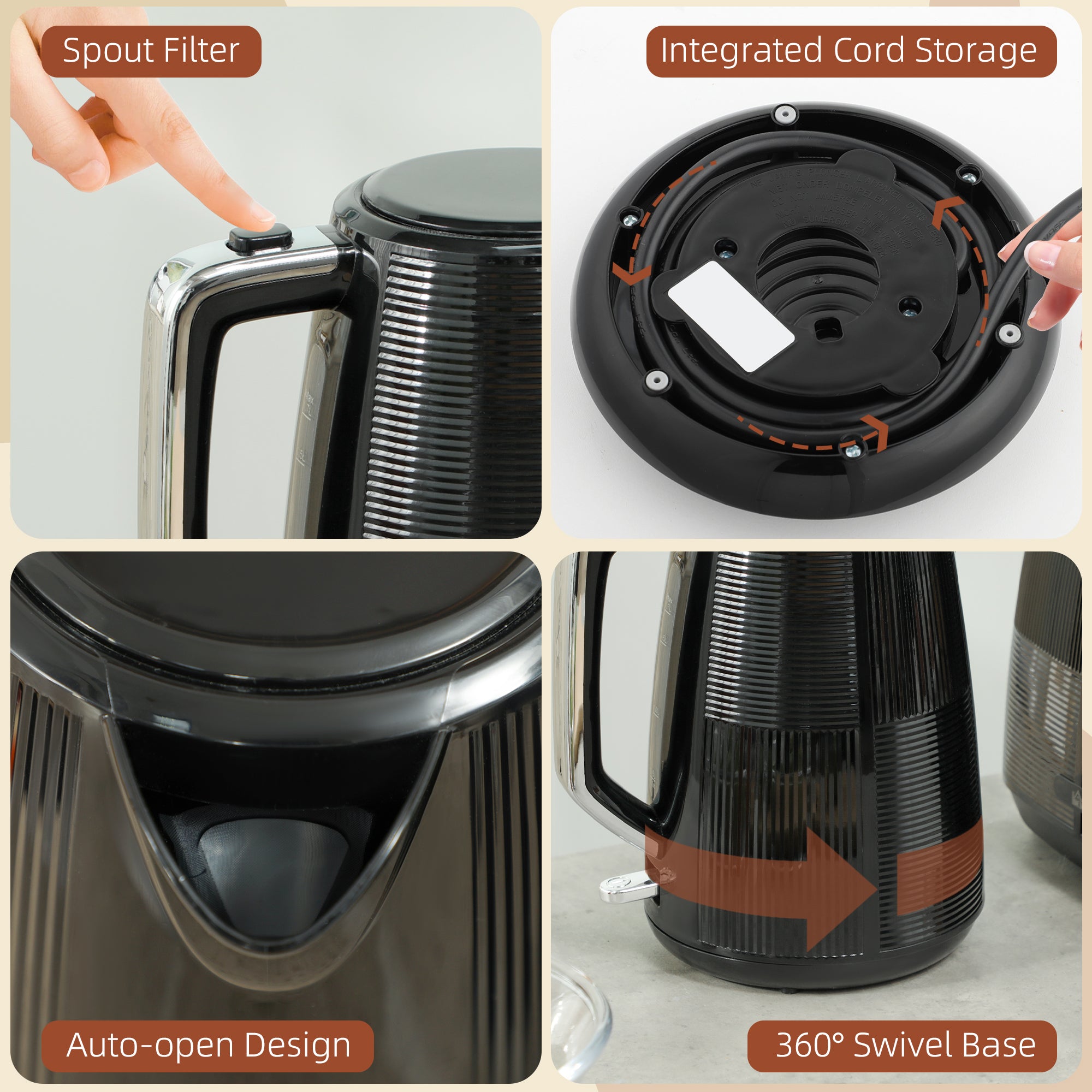 Kettle and Toaster Set, 1.7L 3000W Fast Boil Kettle & 2 Slice Toaster Kitchen Set with 7 Level Browning Controls, Defrost, Reheat, Boil-dry Protection, Black