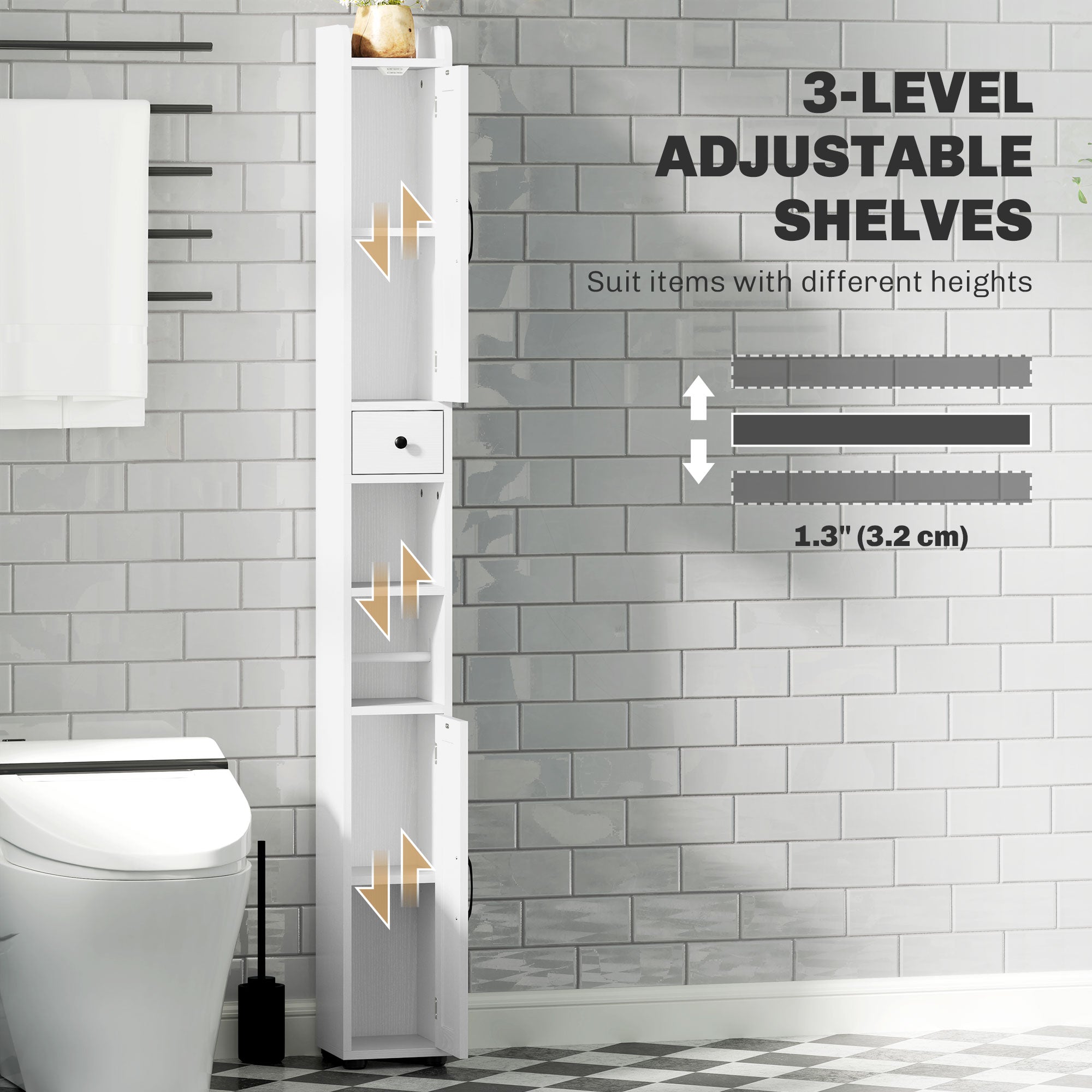 Fynco - Tall Bathroom Cabinet, Farmhouse Slim Bathroom Storage Cabinet with Barn Doors, Toilet Paper Roll Holder, Drawer and Adjustable Shelves, Narrow Bathroom Storage Unit, 20 x 20 x 185cm, White