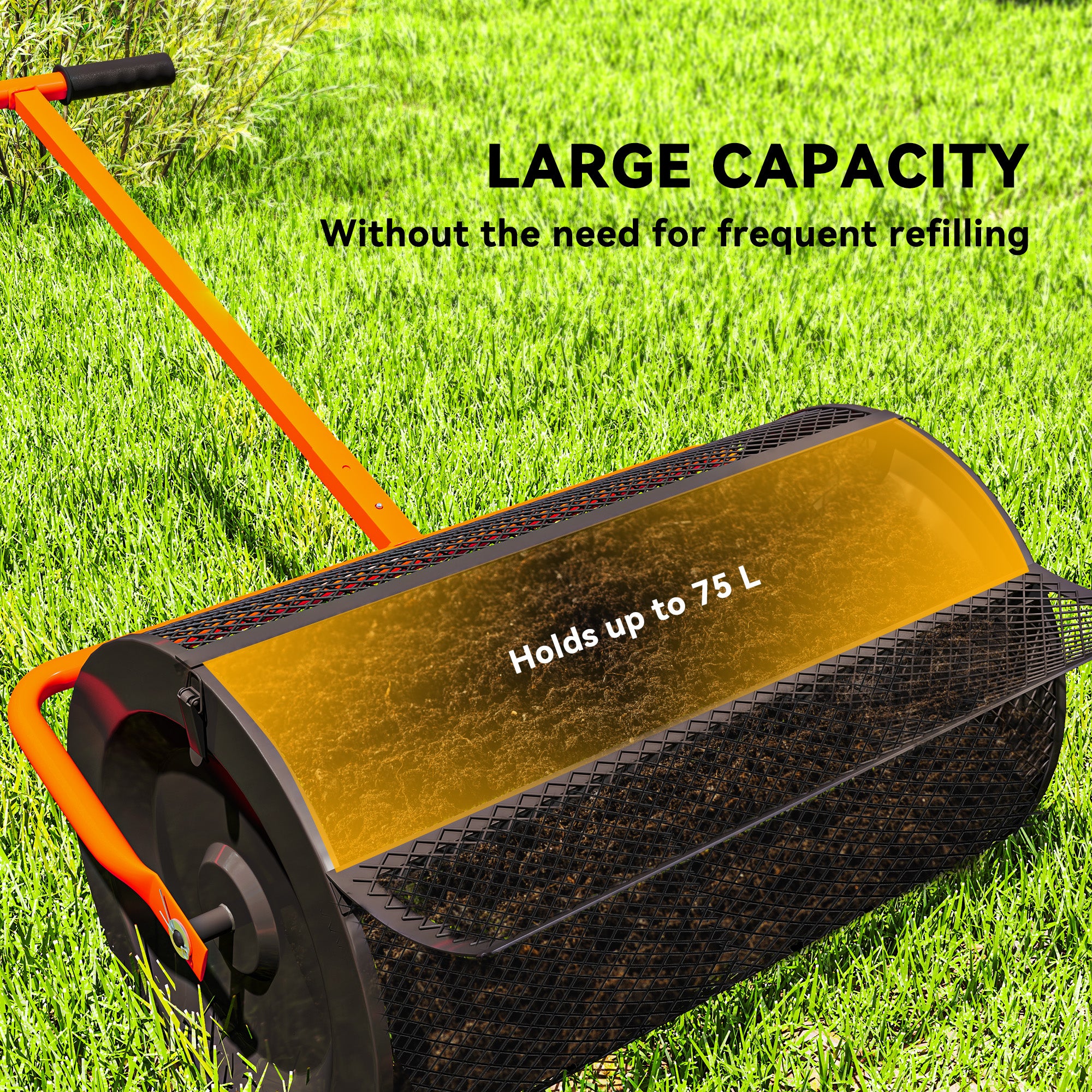 Compost Spreader, 24" Peat Moss Spreader with Height Adjustable T Shaped Handle and Metal Mesh Basket, Garden Spreader for Seeding, Spreading Manure, Orange