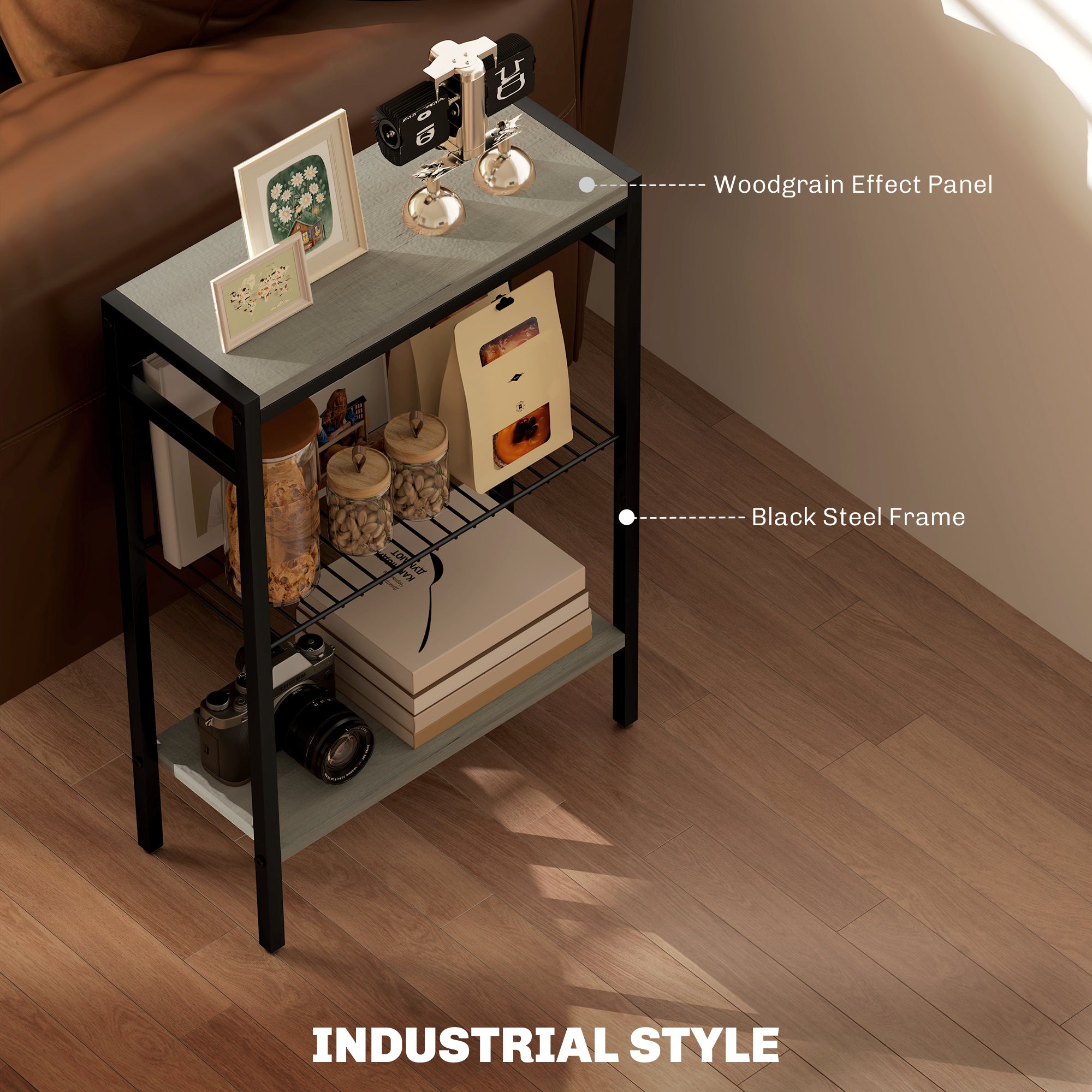 Three Shelf Industrial Side Table, Grey