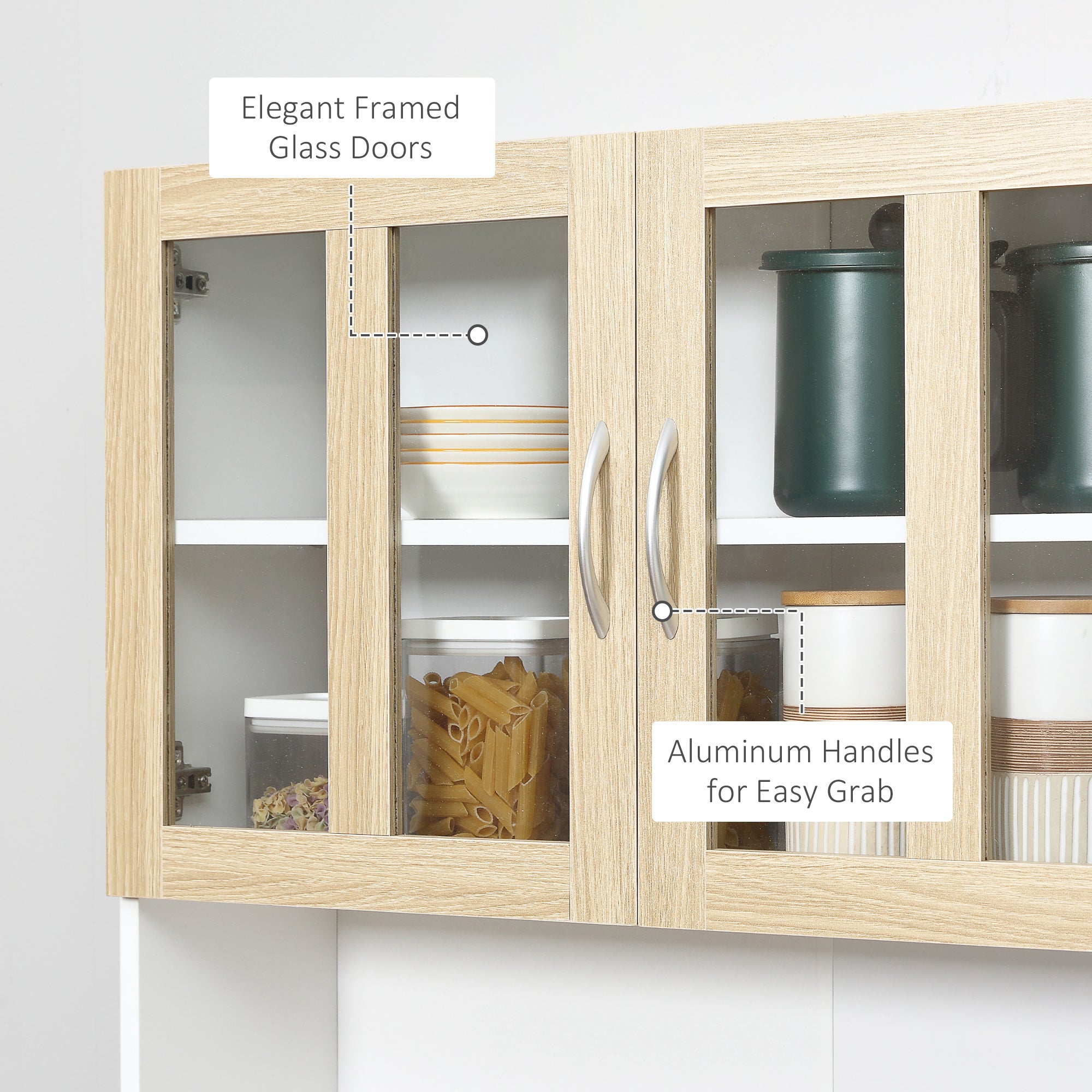 Modern Kitchen Cupboard, Freestanding Storage Cabinet Hutch with Central Drawer, 2 Glass Door Cabinets and Countertop, 180cm