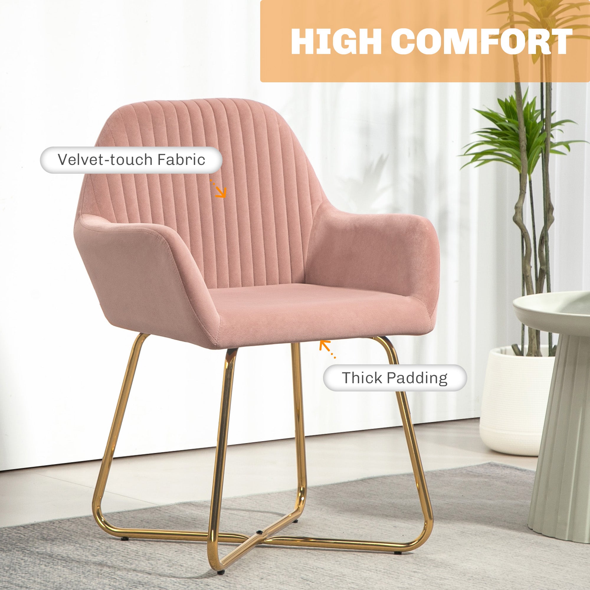 Modern Arm Chair Set of 2 Upholstered Accent Chair with Metal Base for Living Room Pink