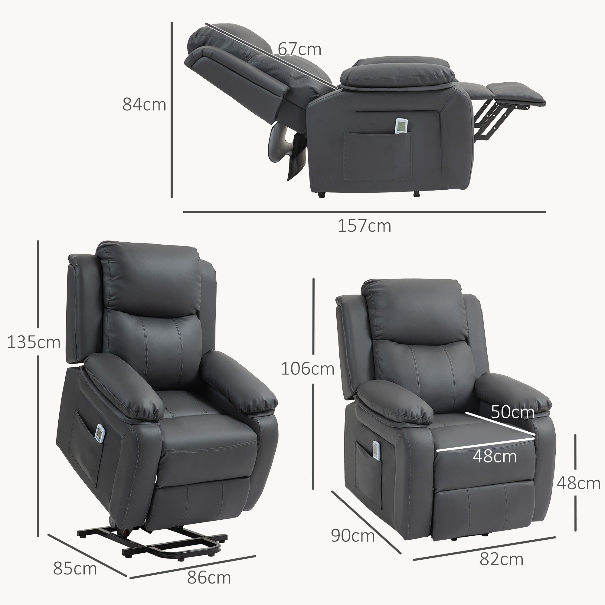 Fynco - Riser and Recliner Chair with Massage, Heat, Power Lift Recliner Chair for Elderly with Remote Control, Extended Footrest, Dual Side Pockets, Overstuffed Electric Reclining Armchair, Dark Grey