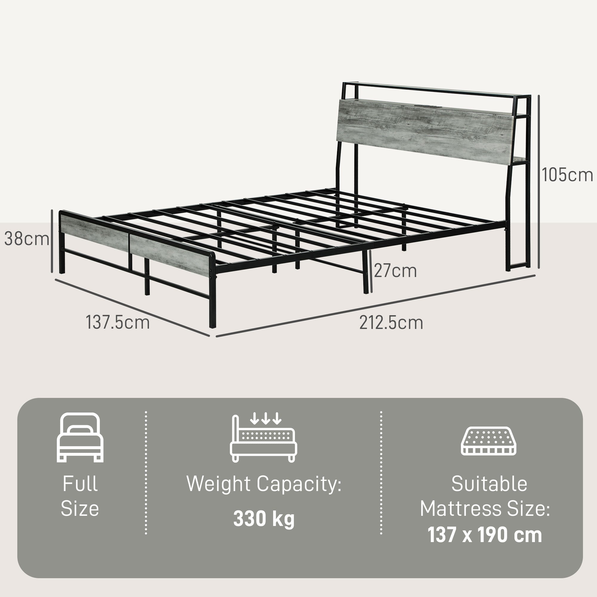Double Steel Bed Frame, with LED Lights and Headboard Shelf - Grey
